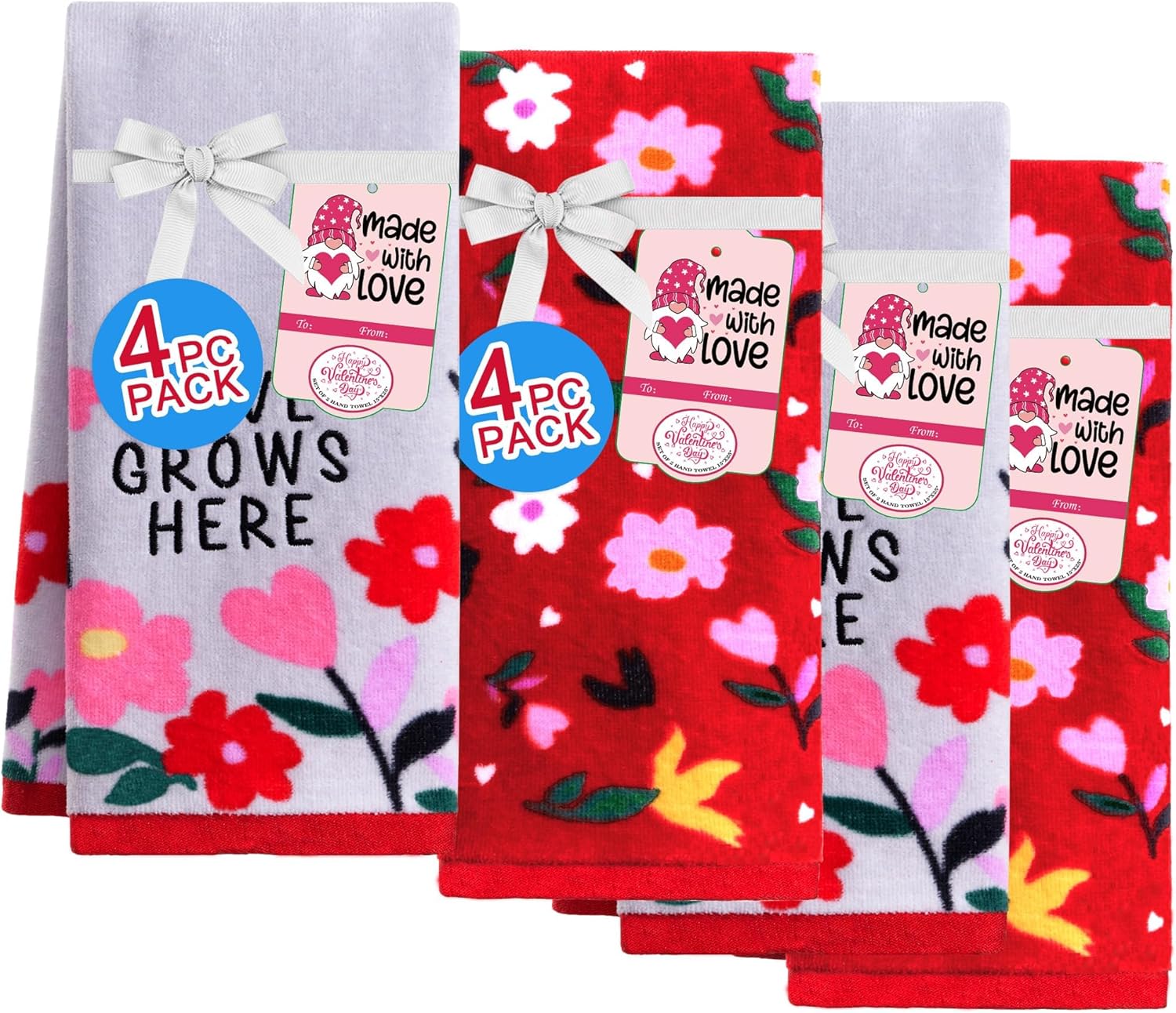 VOOVA & MOVAS Valentine's Day Hand Towels for Bathroom - 4-Pack Gift Set, 100% Soft Cotton, (16x25 Inches) Decorative Face Towel Set with Pink Gray Floral Design - Gift-Packed with Love