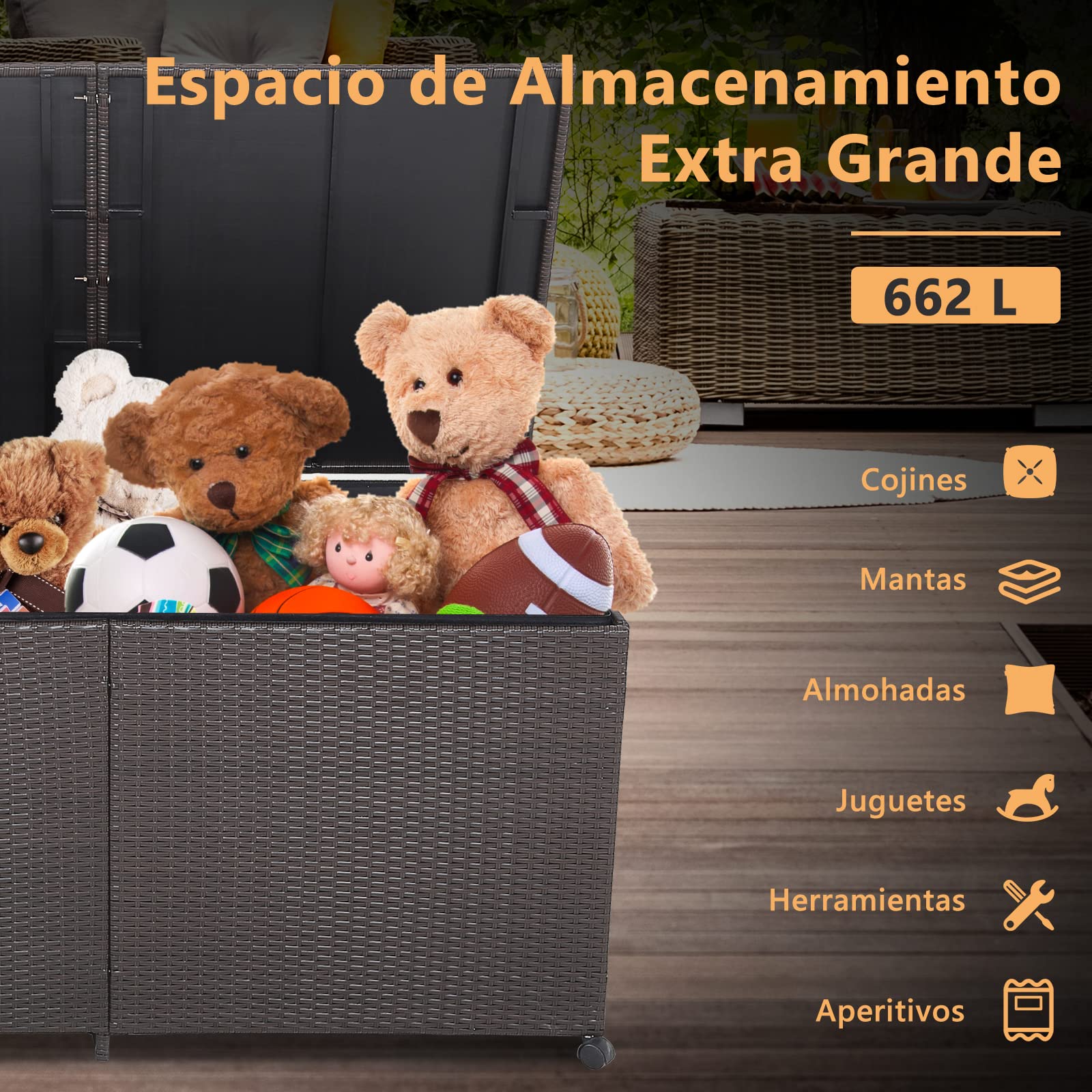 COSTWAY Arcon Jardin Exterior 662L, Baúl de Almacenamiento con Ruedas, Caja de Almacenamiento Grande de Ratán, 150 x 77 x 73 cm