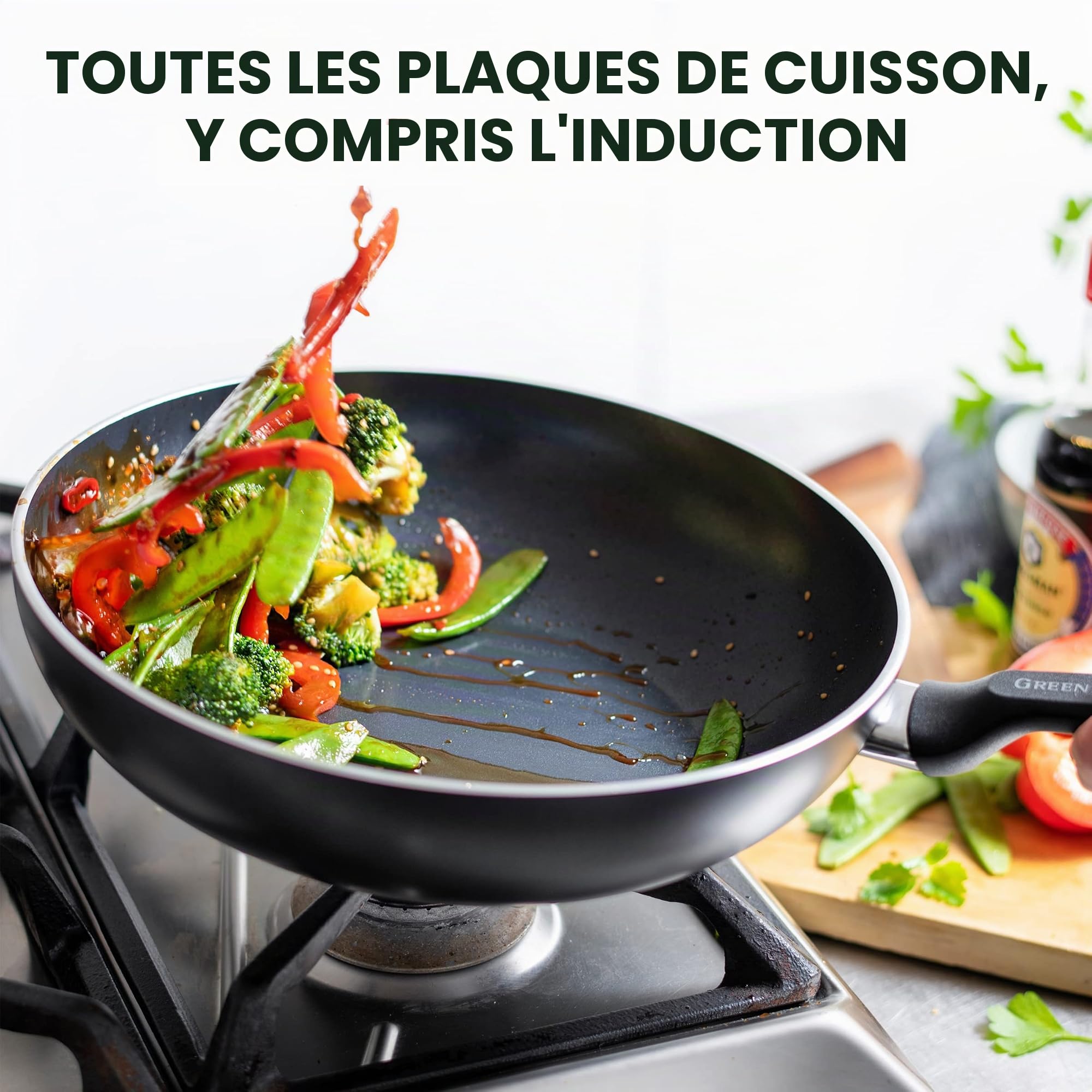GreenPan Memphis Poêle Wok 30cm/3.6 Litre en céramique antiadhésive, Sans PFAS, Induction, Lavable au lave-vaisselle, Noir