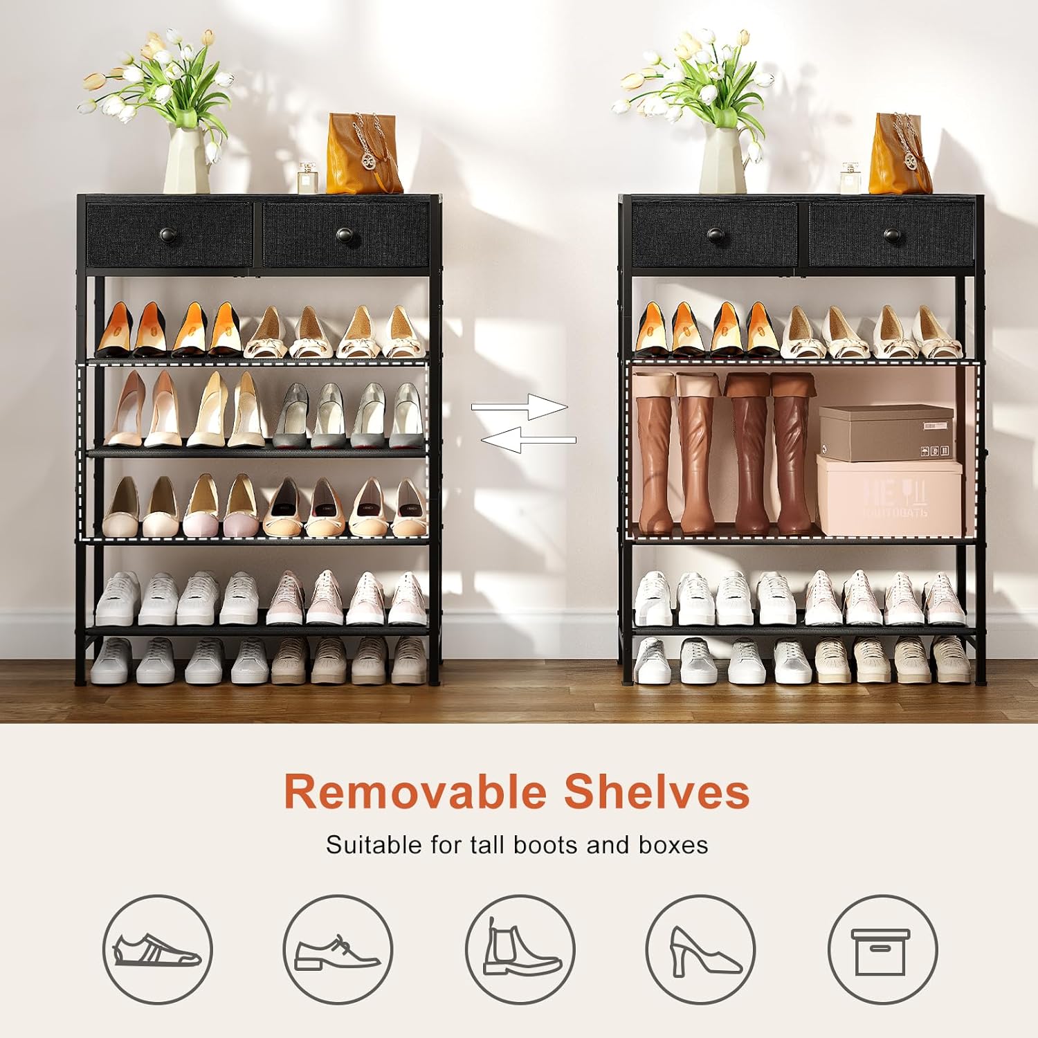 Shoe Rack, 5 Tier Shoe Organizer with 2 Drawers, Metal Shoe Storage for 16-20 Pairs of Shoes with Fabric Shelves and Wooden Top, Narrow Shoe Shelf for Closet Entryway Black