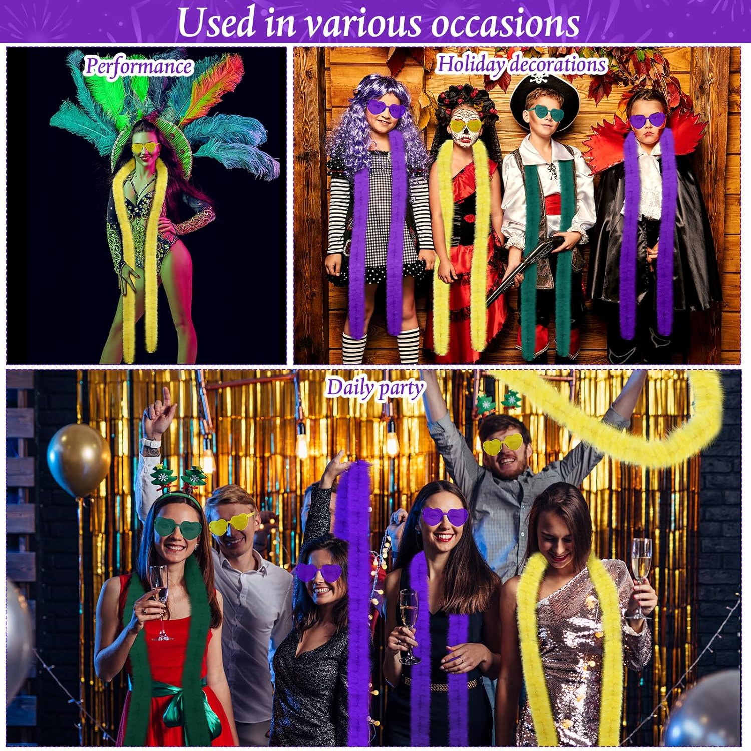 Yunsailing 24 Pcs Mardi Gras Feather Boas with Frameless Sunglasses Mardi Gras Decorations, Include 12 Boas 6ft and 12 Heart Shaped Sunglasses for Parade Carnival Masquerade Party Costume Outfit - Image 6