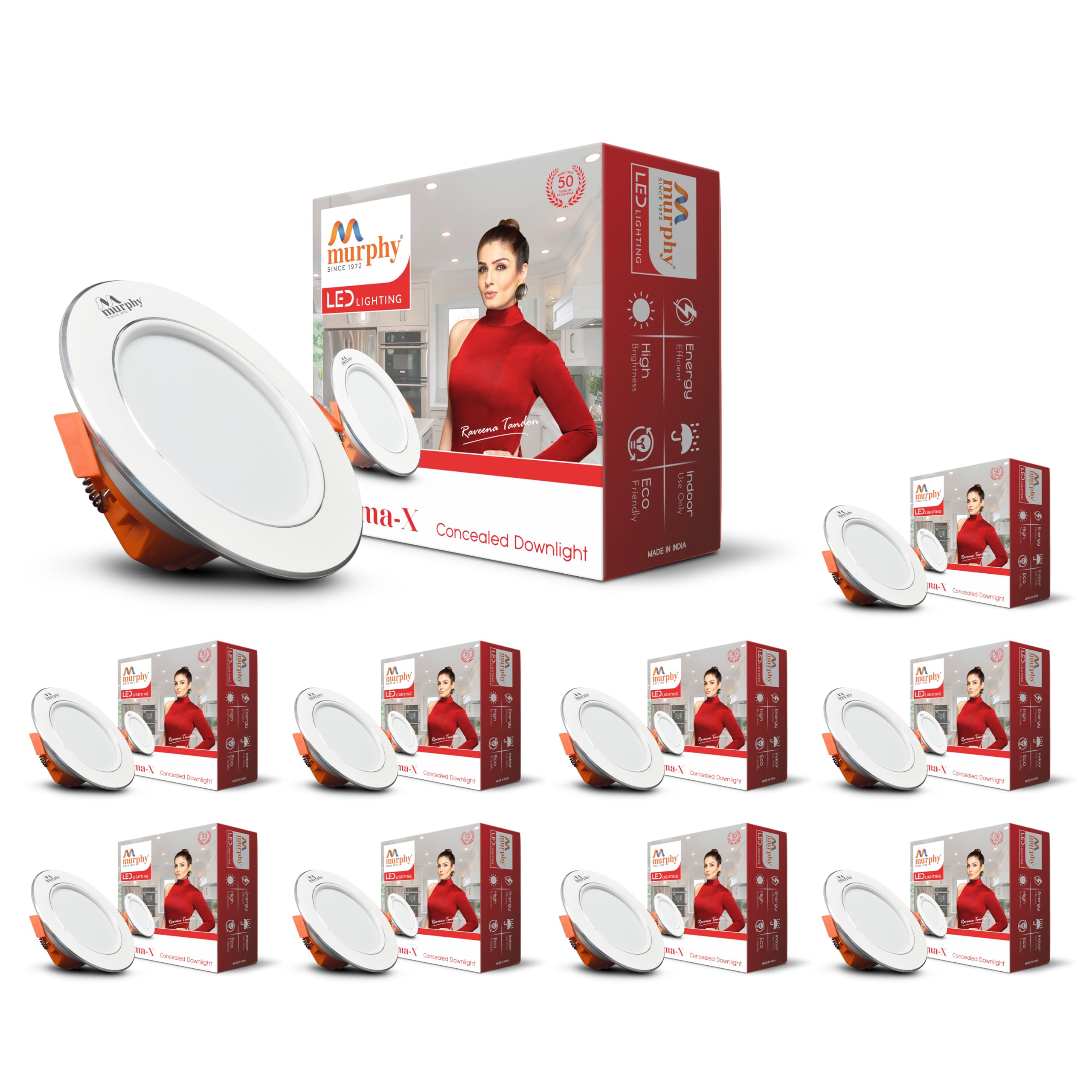 Murphy Croma 9W Concealed LED Downlight | Pack of 10 | Warm White | Aluminium Finish | Eye-Caring & Long-Lasting Brightness | 2 Years Warranty | Suited for 3 Inch Junction Box