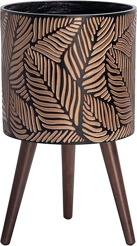 Miniatura 8 de Macetero alto de interior con soporte, diseño de hojas, macizo, vertical con orificio de drenaje, S, BronceGris