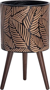 D'vine Dev 12 Inch Planter Pot with Wood Stand, Bronze/Grey, 88-L-C-6