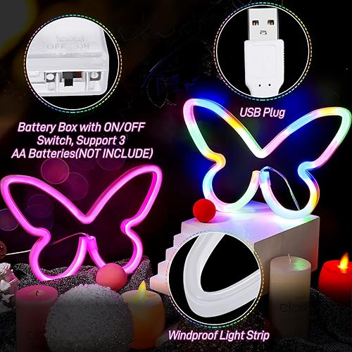 Miniatura 3 de Riakrum 2 letreros de mariposa de neón, luz LED de mariposa, funciona con pilas 3AA, funciona con USB, decoración de pared de neón de mariposa de