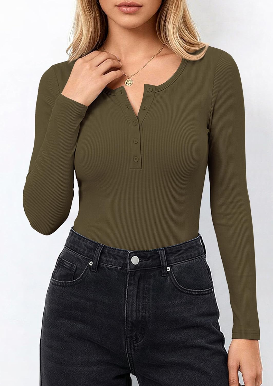 PRETTYGARDEN Long Sleeve Bodysuits for Women 2026 Ribbed Knit Henley Button Up Slim Fitted Basic Tops Winter Fashion Clothing - Image 8