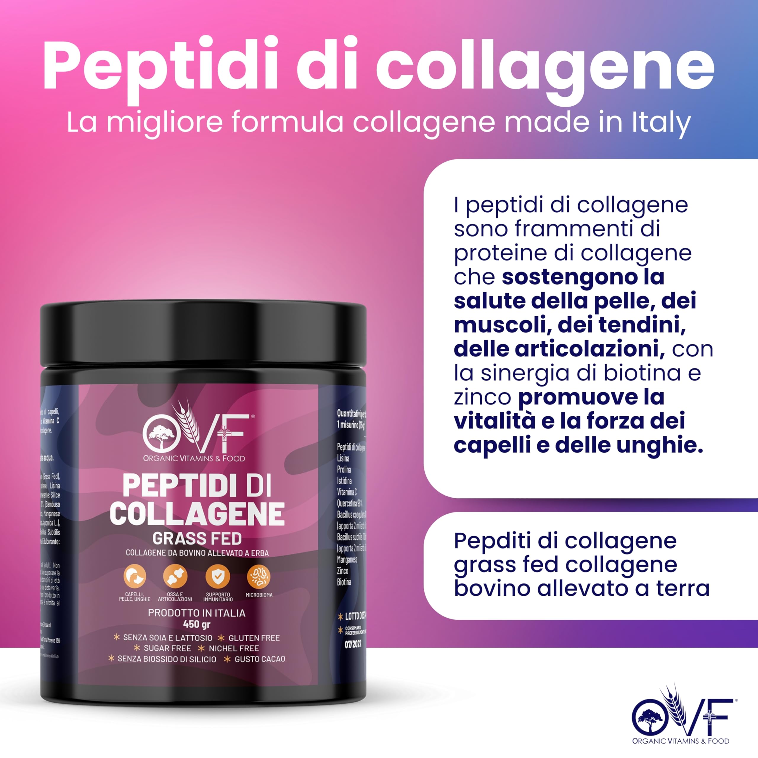 OVF Peptidi di Collagene Idrolizzato (grass Fed) - Supporto Articolazioni e Pelle - Integratore 450g Collagene Puro con Biotina, Quercetina, Vitamina C e Zinco - Made in Italy