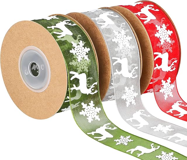 Fovths 3 Rolls 30 M Christmas Ribbon Gift Wrapping Ribbons Organza Ribbon Xmas Theme With Snowflake Elk in 3 Colors for Gift Wrapping, 25mm Wide