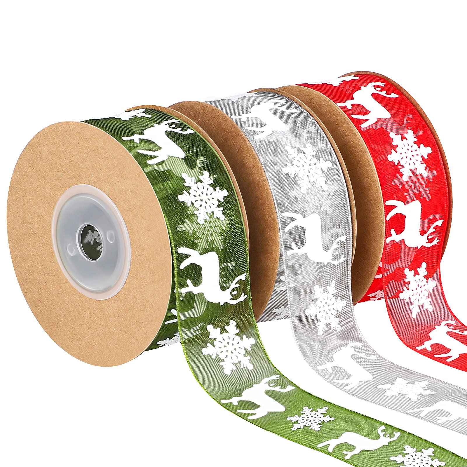 Fovths 3 Rolls 30 M Christmas Ribbon Gift Wrapping Ribbons Organza Ribbon Xmas Theme With Snowflake Elk in 3 Colors for Gift Wrapping 25mm Wide