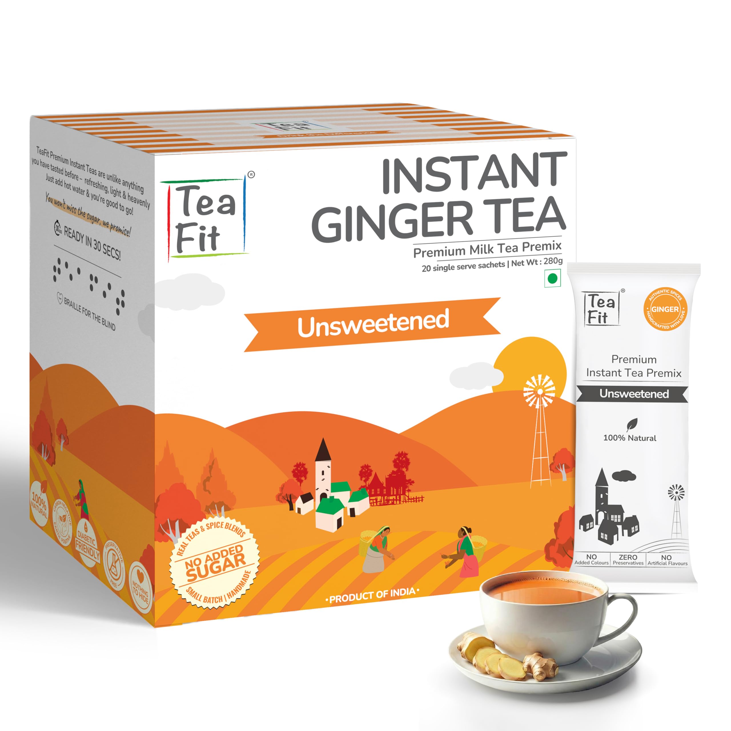 NO SUGAR Instant Ginger Tea Premix (Pack of 20 Sachets) | Kadak Ginger Adrak Chai | Immunity Boosting Ayurvedic Tea | Sugar Free Chai | Diabetic Friendly | Healthy Daily Wellness
