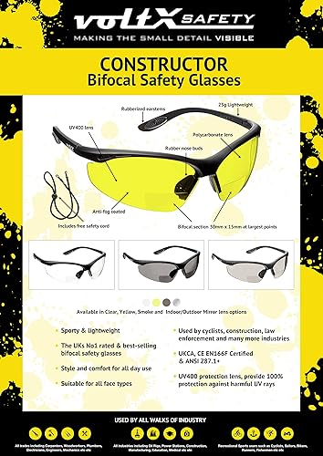 Miniatura 39 de voltX Gafas de seguridad de lectura BIFOCAL "Constructor" (humo/gris + 1.5 dioptrías) con certificación CE EN166F/gafas deportivas de ciclismo