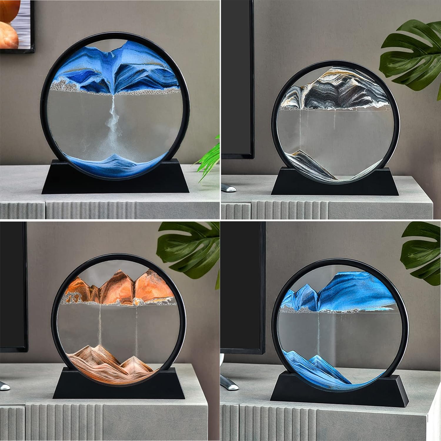 Flowing Sand Painting,Moving Sand Art Pictures 3-d, Quicksand Painting Ornaments, Round Glass 3D Frame, Dynamic Sand Art Liquid Motion, Office Desktop Decor, Relaxing Gift(Size:25×27 cm,Color:Blue) (