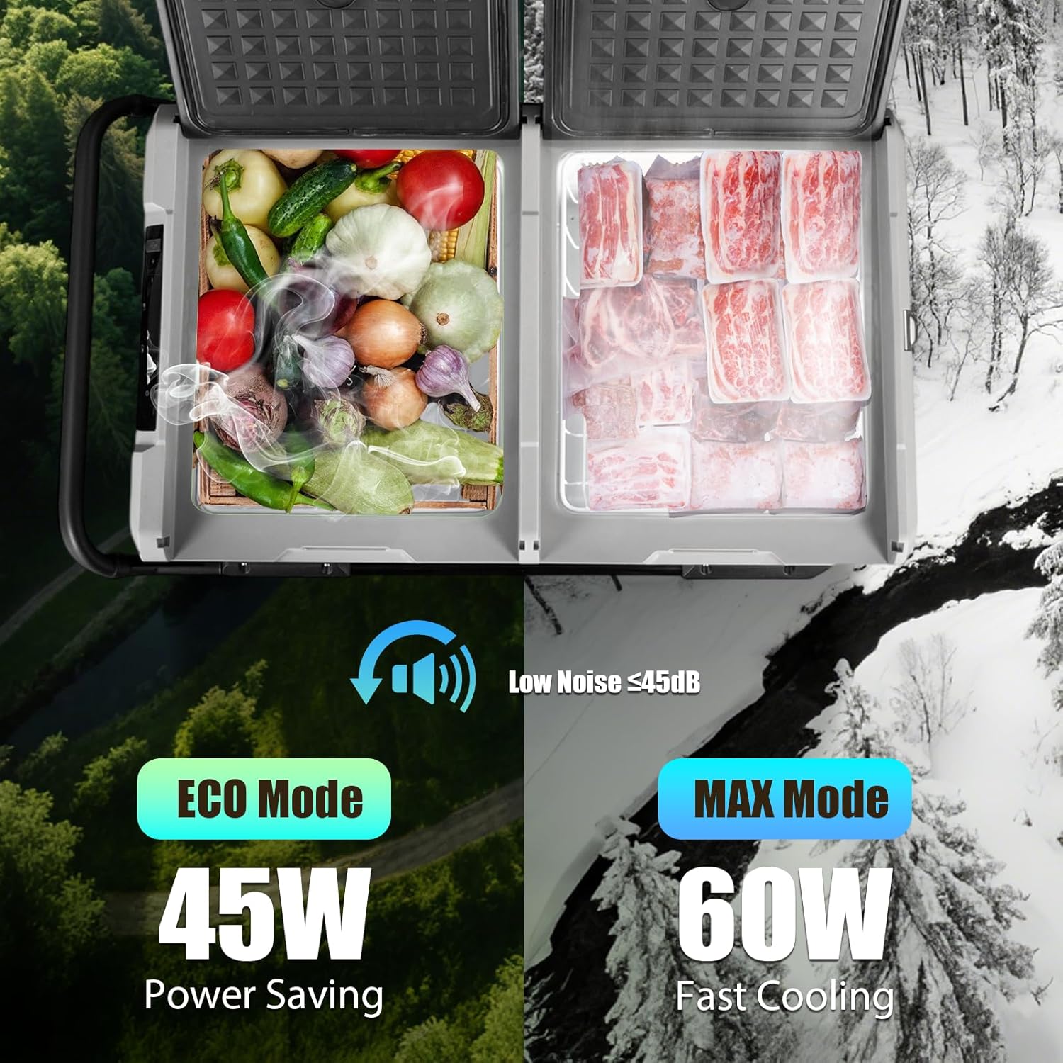 Ndhuwur-mudhun view of the refrigerator's dual compartments, one filled with vegetables and the other with frozen meat, illustrating ECO and MAX cooling modes.