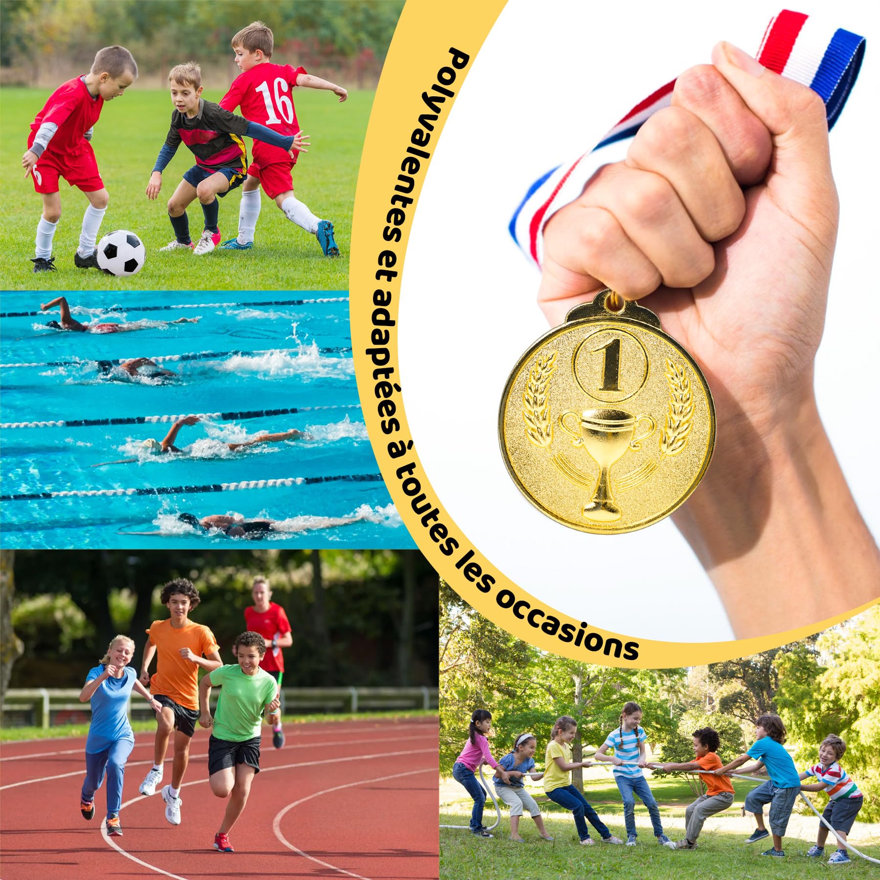 Brelet Médailles de Récompense en Métal doré avec Ruban 36 Pcs pour Compétition Sportive