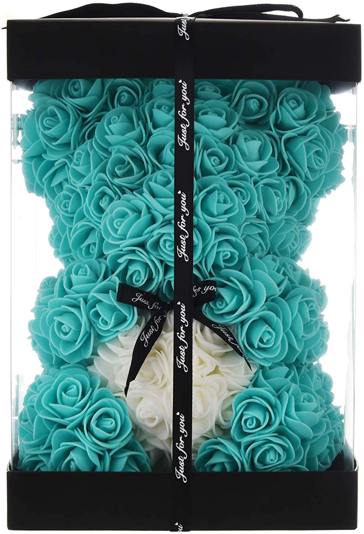 KWTValentine's Gift,Birthday Gifts, Rose Flower Bear-Hand Made Rose Teddy Bear Hug Hear,Gifts for mom, Gifts for Girls,Unique Giftst For Lover, 10 Inches Clear Gift Box Included (Tiffany)