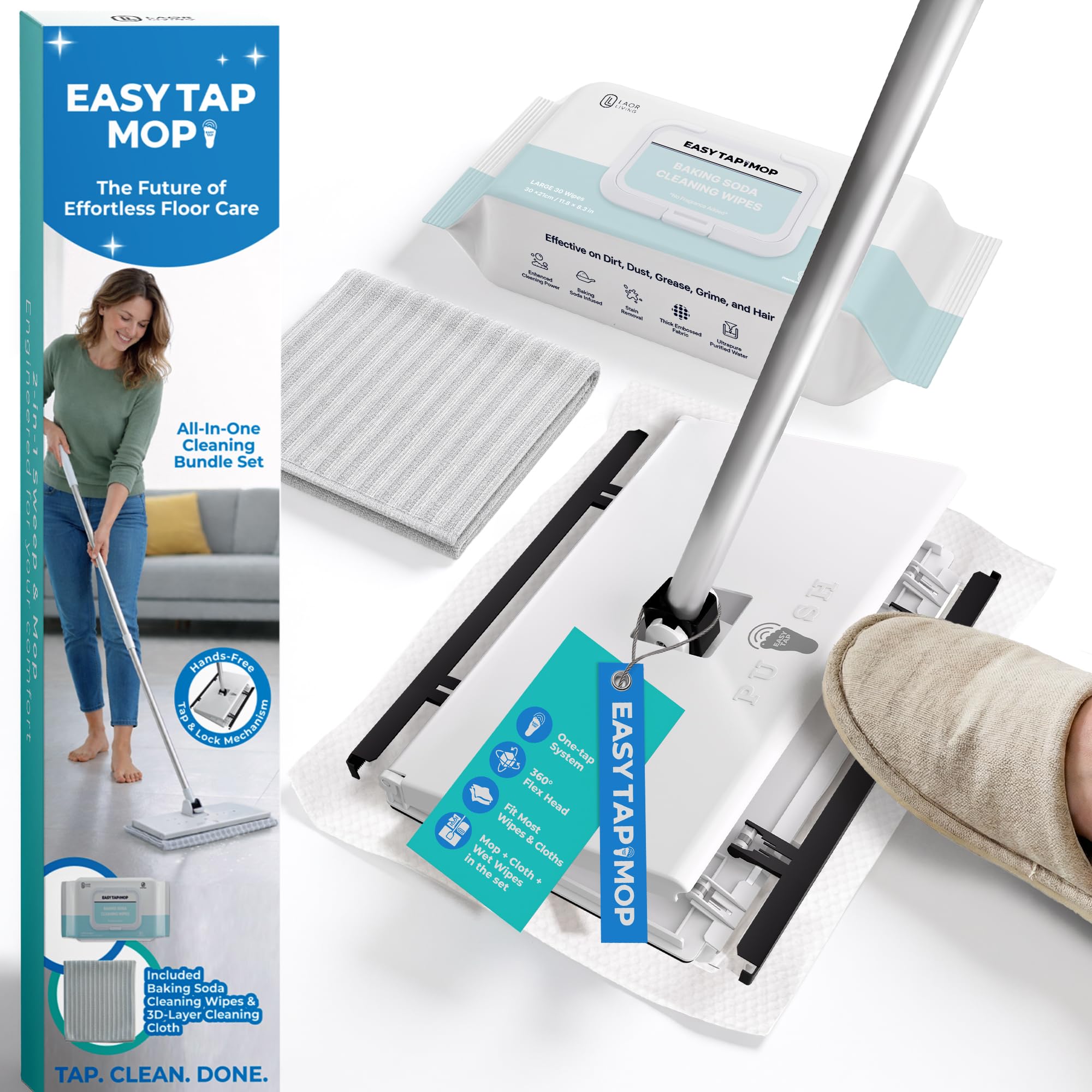 EASY TAP MOP Hands-Free Flat Floor Mop & Sweeper - Foot-Tap Lock System Compatible with Most Pads - 360 Swivel & Adjustable Aluminum Handle - Includes Baking Soda Wet Wipes & 3D Microfiber Cloth