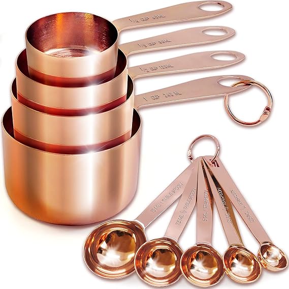 Measuring Cups and Spoons Set of 9, Utensils for Dry and Liquid Ingredients, Copper Kitchen Accessories, Rose Copper Decor for Home, Stackable, Sturdy Stainless Steel