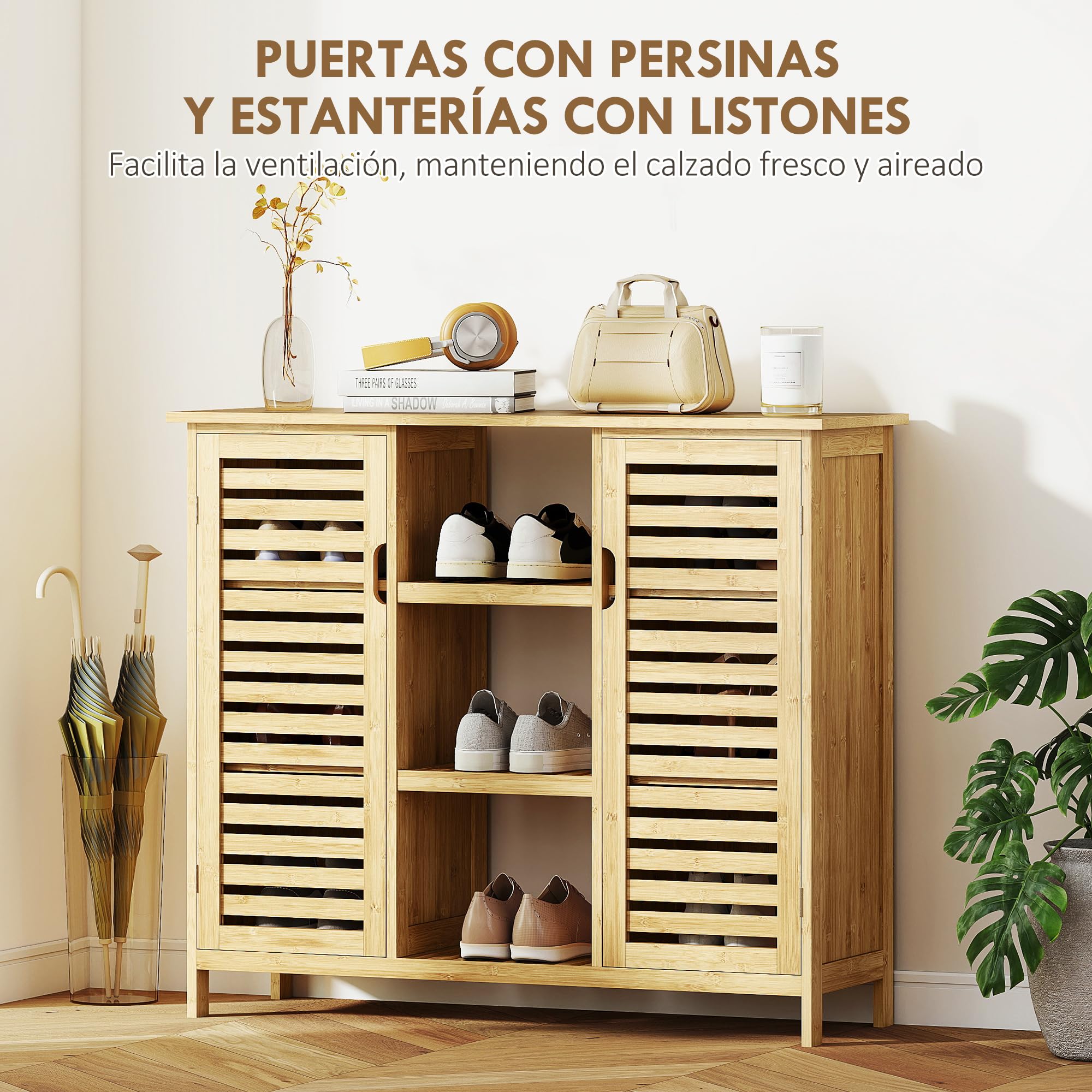 Armario de Almacenaje de Bambú 2 Puertas de Lamas 100x33x86 cm Natural | HOMCOM, Mueble Recibidor con Estantes y Compartimentos Abiertos, para Salón, Entrada