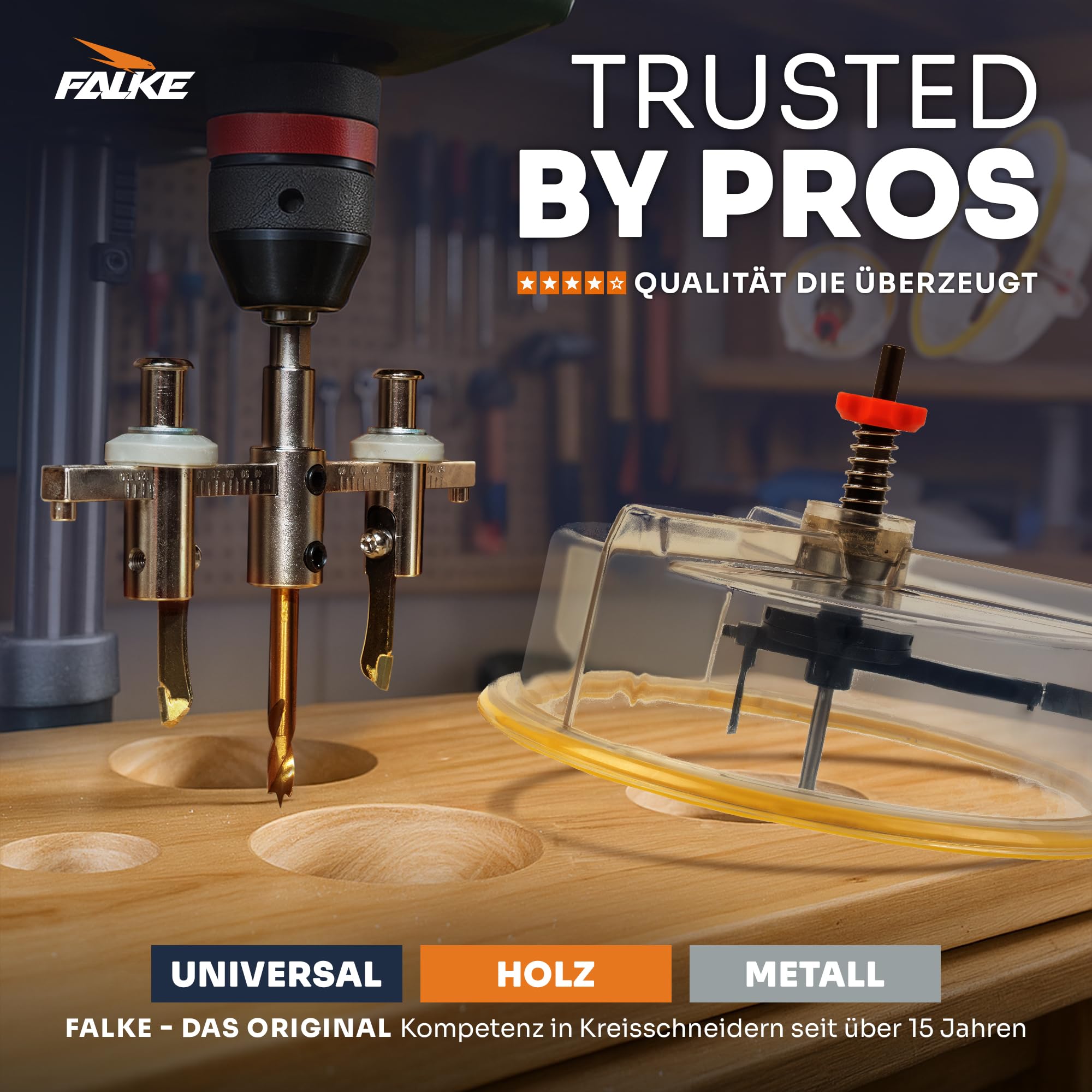 Falke Kreisschneider FKS-H 200 - Universal für Holz, Kunststoff, Gipskarton | Durchmesser stufenlos einstellbar (40-200 mm) - Verstellbare Lochsäge