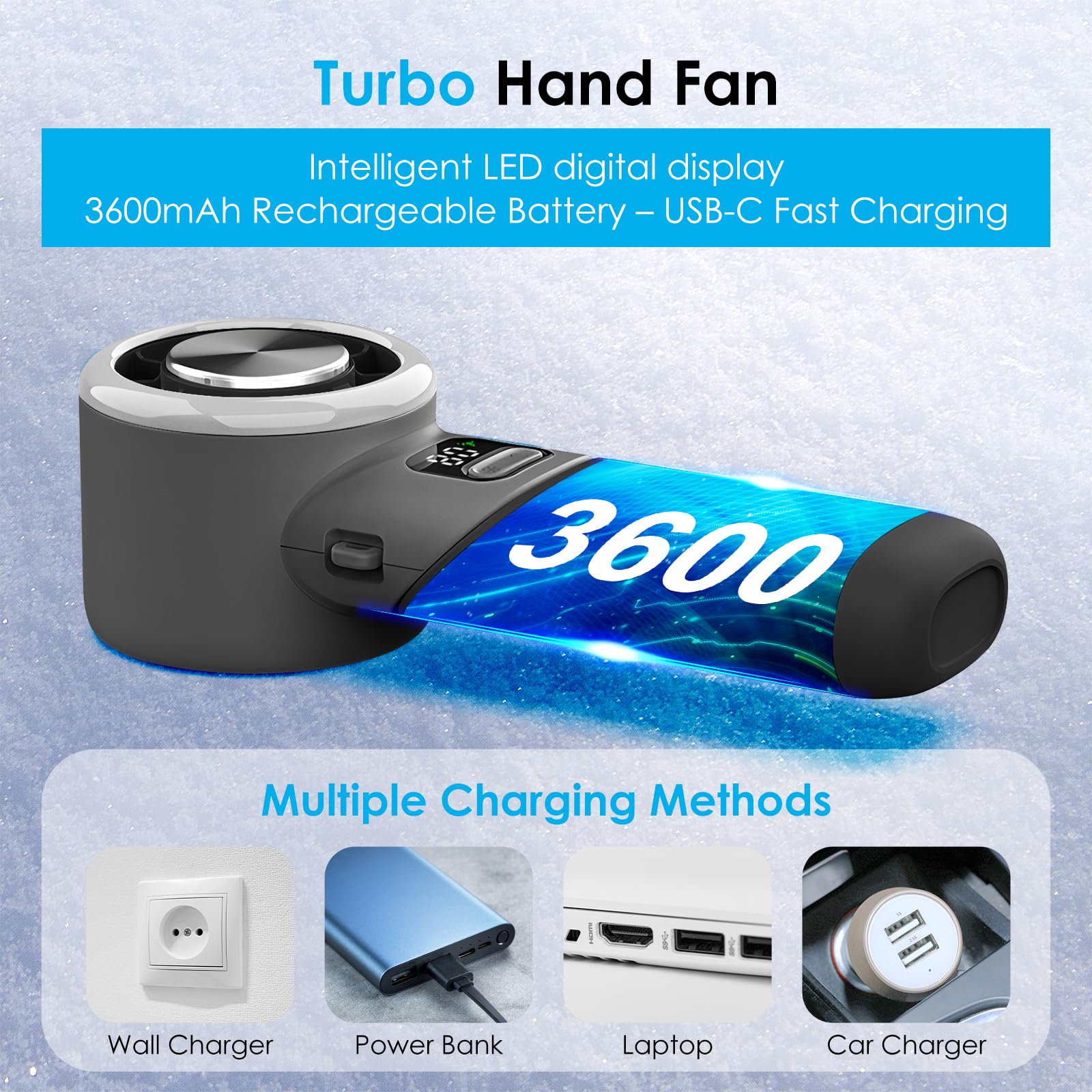 Wiederaufladbarer tragbarer Handventilator mit Eiskühlkissen, ultra-leiser faltbarer USB-Mini-Ventilator mit LED-Anzeige & 5-Gang-Turbo-Luftstrom für Make-up, Sommer, Reisen, Büro