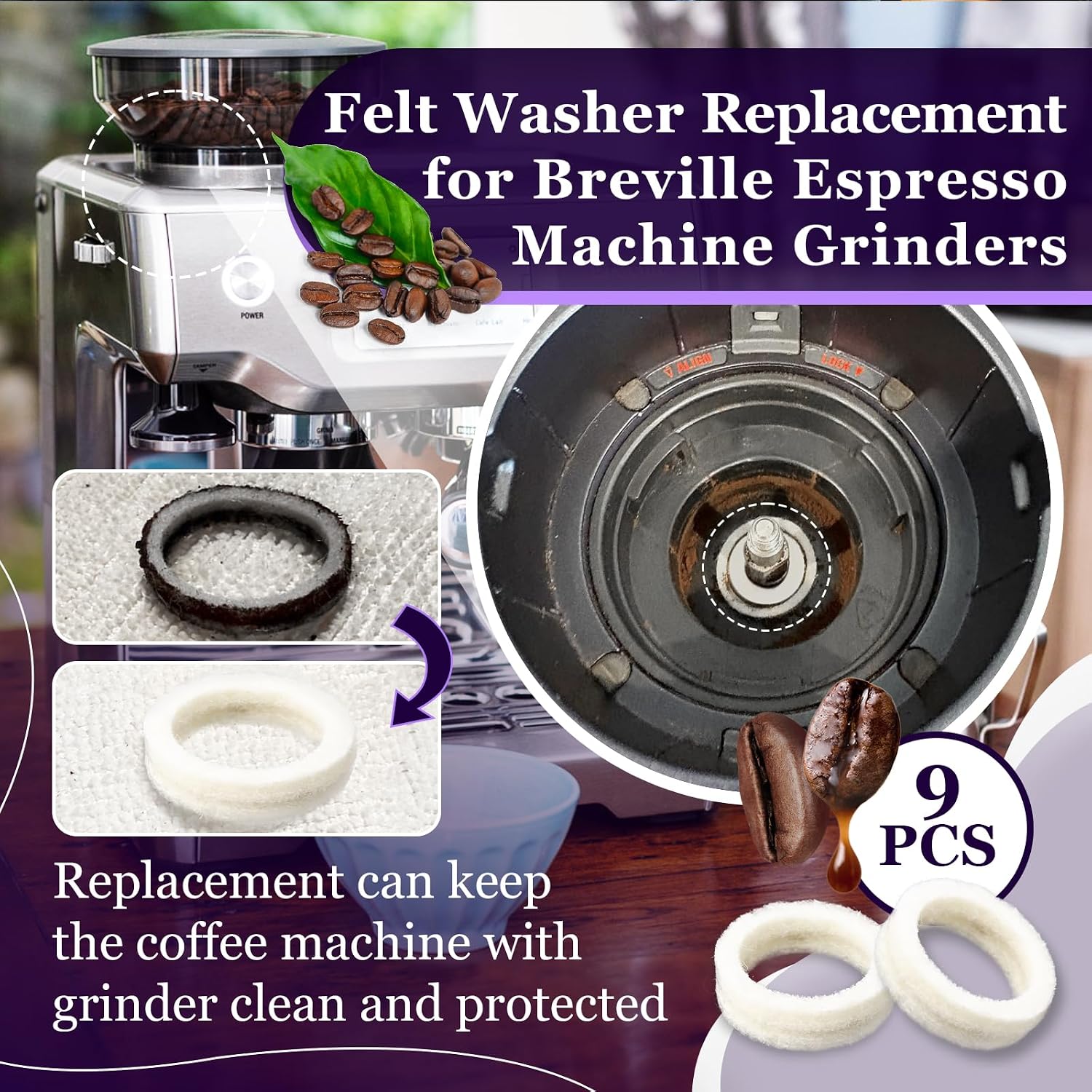 9 Pcs Felt Washer Replacement for Breville Espresso Machine Grinders，Burr Washer Part Compatible with BES870, BES878, BES880, BES980, BES990, BCG600, BCG820，Wool Ring Espresso Machines Accessories
