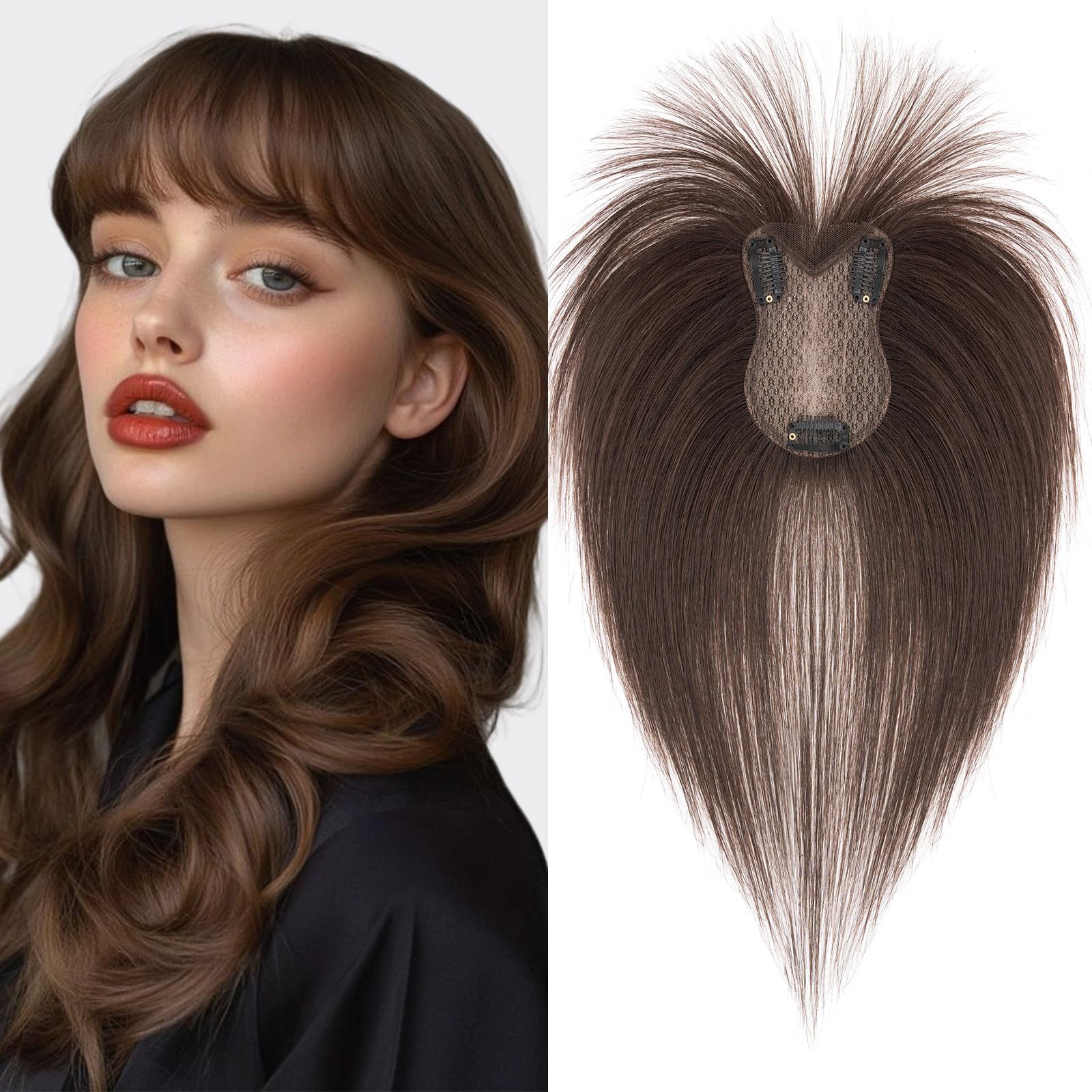 S-noilite Extensiones de Cabello Humano con Flequillo, 21g Extensiones de Pelo Humano Remy con Clip, 8x11CM Base de Encaje de Cabello con Flequillo, Marrón Moca para Cabellera Fino 27CM #2R