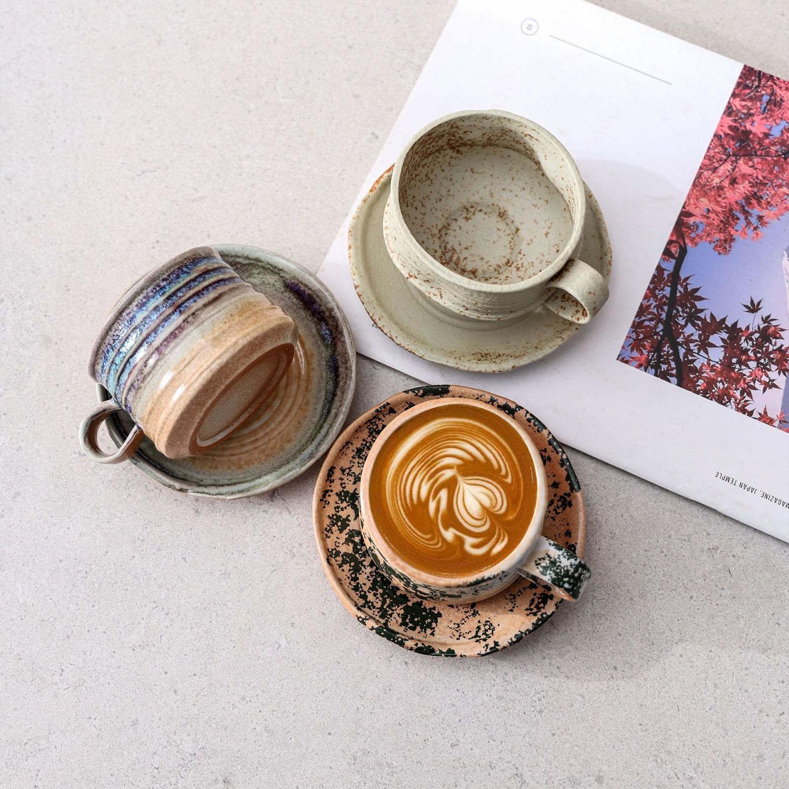 Tazas de café expreso de cerámica de 165ml con Mango de Madera, Tazas esmaltadas Retro Hechas a Mano con platillo, Ideales para té y café en casa y Oficina