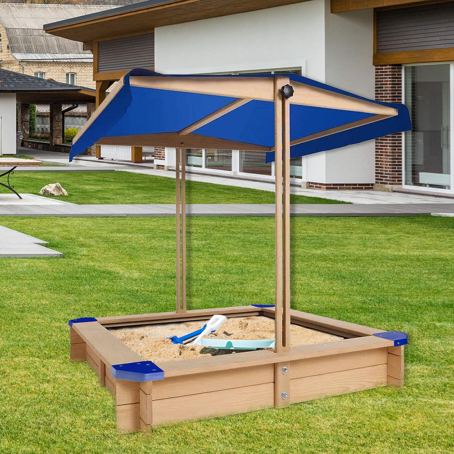 Bipidiqi Kids Sandbox with Cover Wooden Outdoor Sandbox with Canopy Adjustable Height and Rotatable Canopy and Bottom Liner Black for Backyard, Home, Lawn, Garden, Beach : Toys & Games