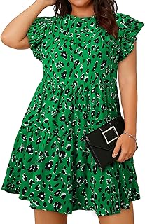 Womens Plus Size Dress Leopard Printed Crewneck Ruffle Sleeve Flowy Mini Dresses(1X-5X) - Buy now