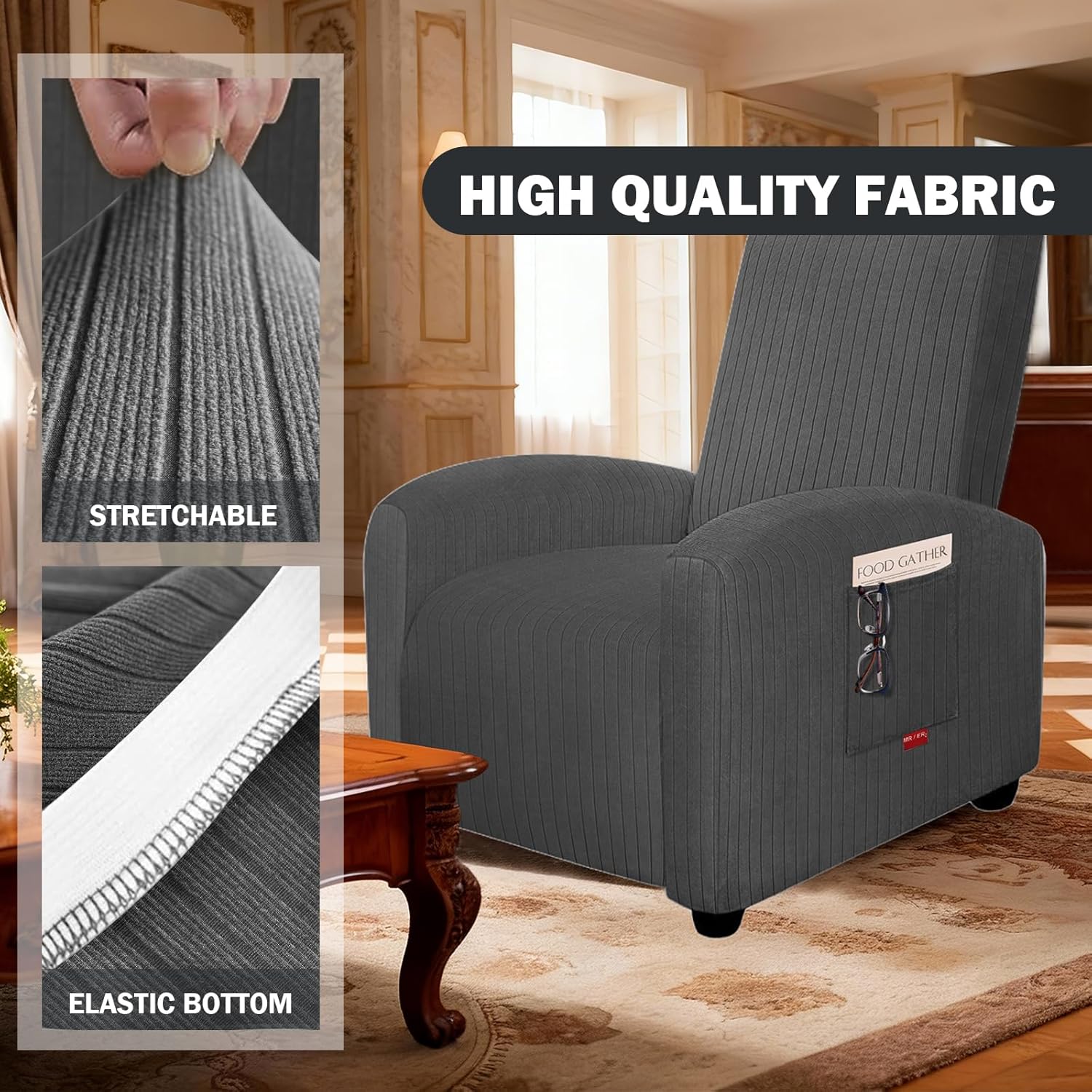 3 Pieces Striped Pattern Extra Small Recliner Chair Covers Stretch Recliner Slipcover for Lazy Boy Wide Recliner Chair Washable (S 1 Seater，Dark Gray)