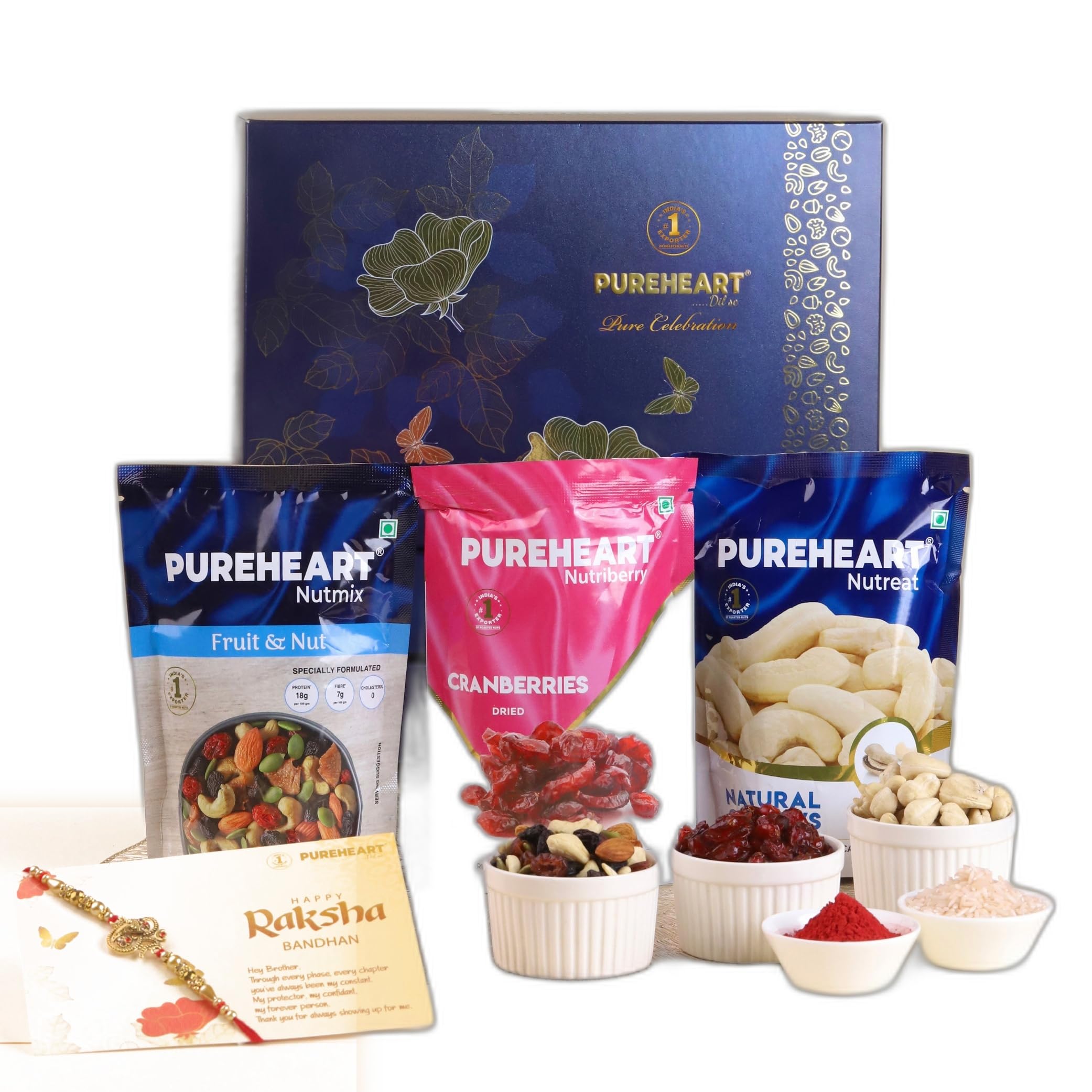 PUREHEART Rakhi Gift Hamper- Natural Cashews, Fruit & Nut Nutmix and Black Raisins (80g, each) with Designer Rakhi for Brother, Gift Card, Pooja Rice, Kumkum - of Crunchy Dry Fruits and Nuts-image-16