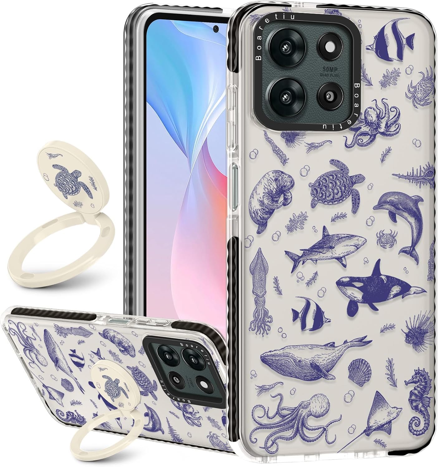 Boaretiu for Motorola Moto G 2025 Case - with Stand Cute Kawaii Fashion 360° Rotate Ring Holder Kickstand Sea Fish for Women Girls Boys Teens Girly Case for Moto G 2025