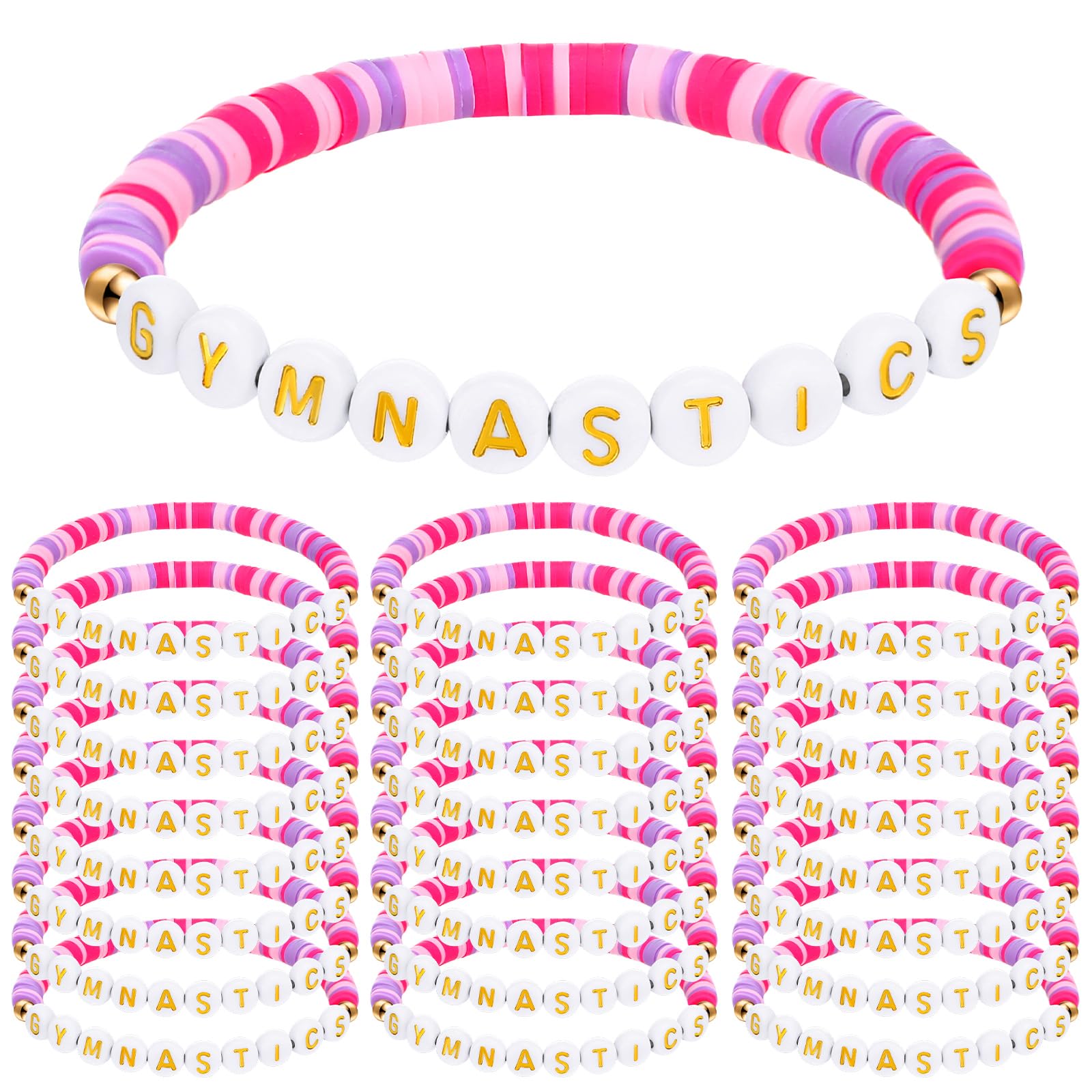 Huquary 24 Pcs Gymnastics Bracelets Gifts Gymnastics Party Favor Bulk Gymnast Clay Beaded Bracelets Sports Team Jewelry for Women Sport Team Fan Gymnast Birthday Party Favors