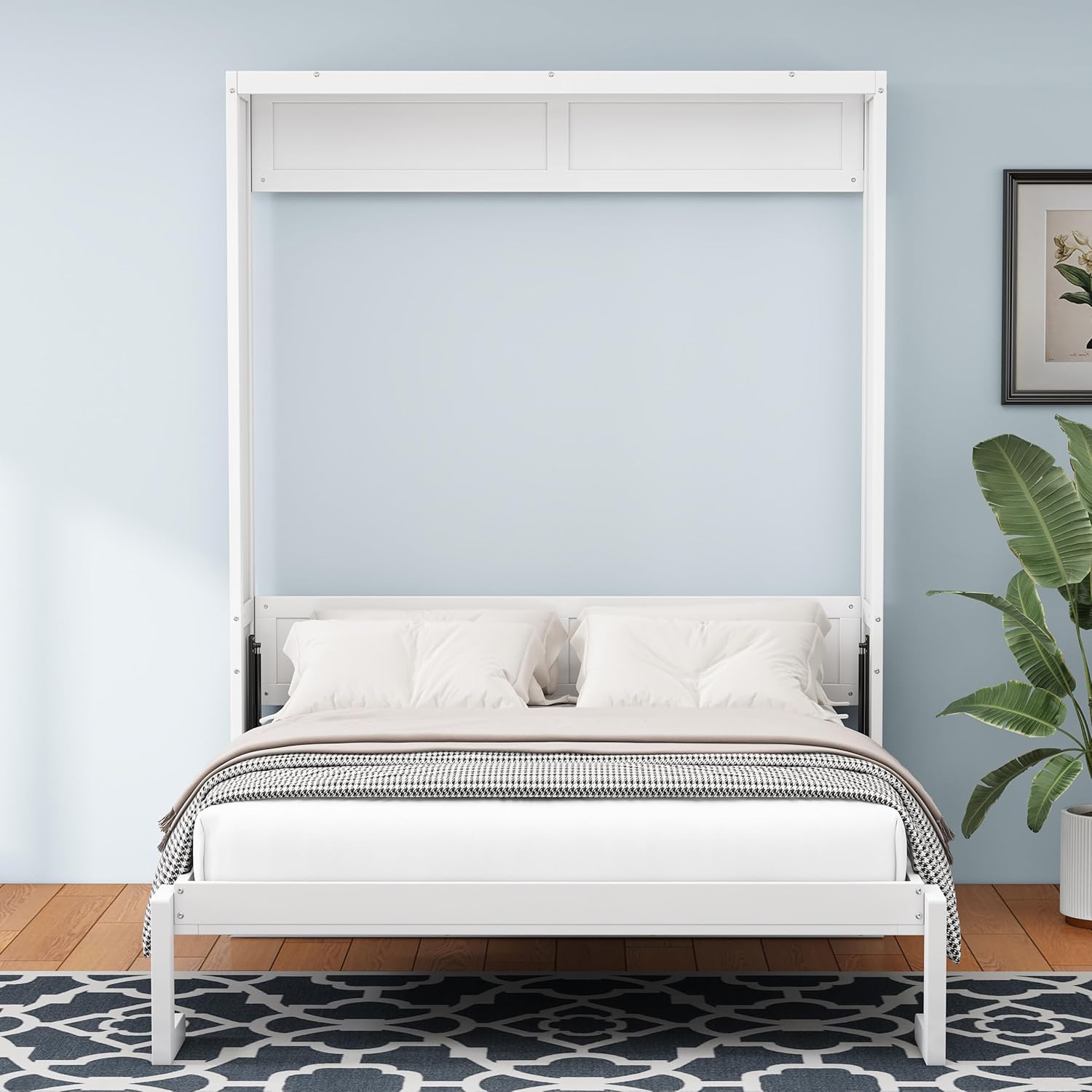 The Merax Murphy bed fully unfolded in a room setting, showing the queen-size bed ready for use.