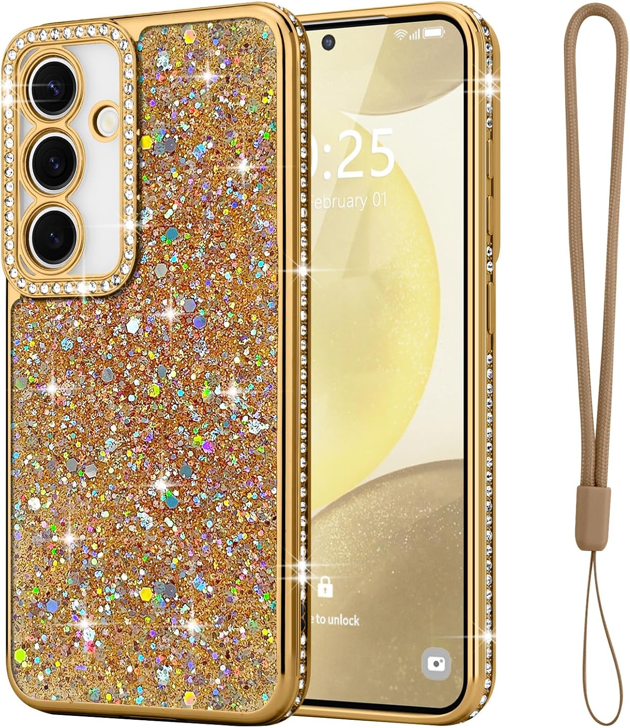 Lafunda for Samsung Galaxy S24 Case Glitter Luxury Shiny with Strap, Gold