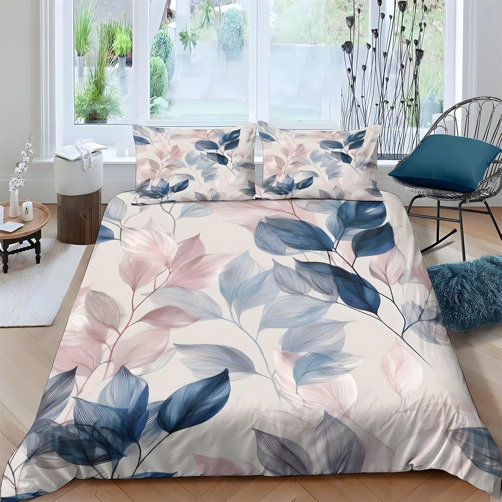Ypthriline Double Bedding Set Leaf Bedding Set Microfiber Pink Blue Duvet Covers with Pillowcases Reversible Bedding With Zipper Closure 200x200CM