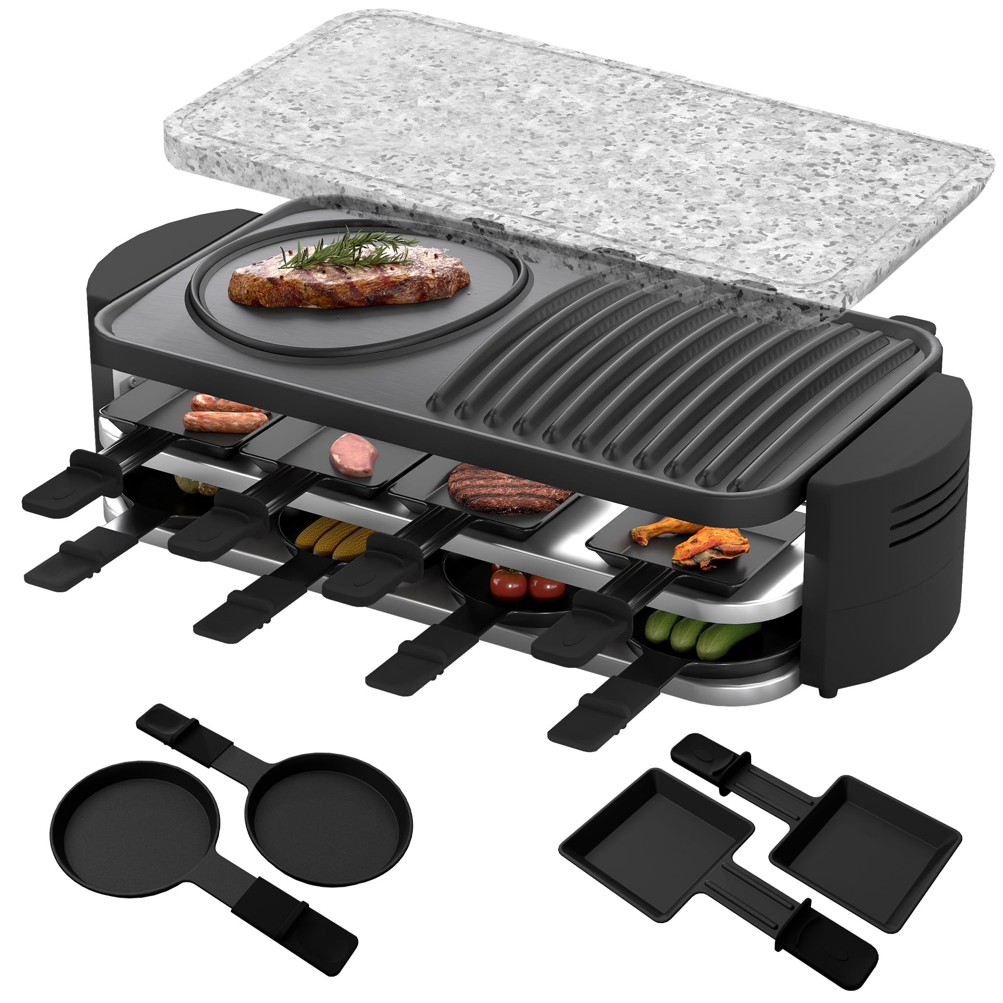 FIVMEN Raclette 8-osobowy grill do raclette, 1600 W, z 14 patelniami, płytą granitową i płytą nieprzywierającą, grill stołowy, grill imprezowy, grill elektryczny, regulacja temperatury do grillowania
