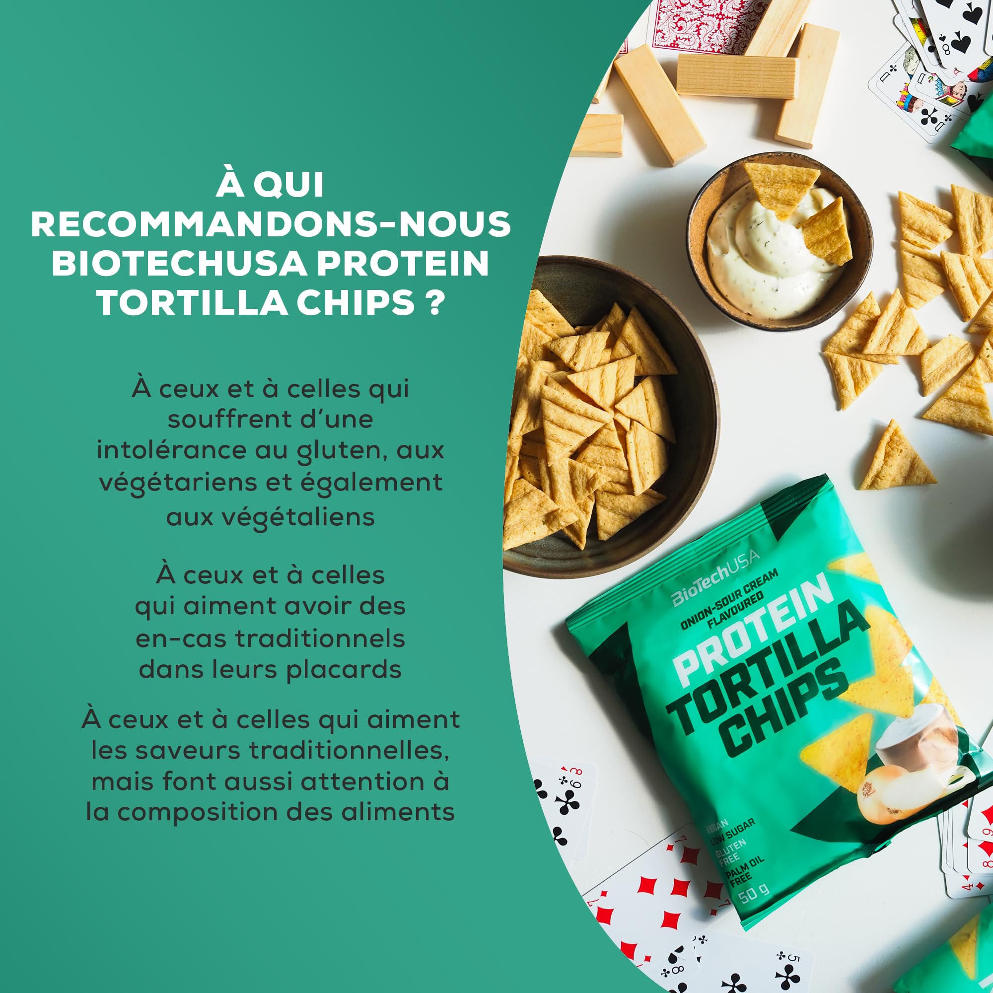 BioTechUSA Protein Tortilla Chips | Source de protéines | Protéines d'avoine et de pois | Végétalien | Sans conservateur, 3 * 50g, Crème et oignon
