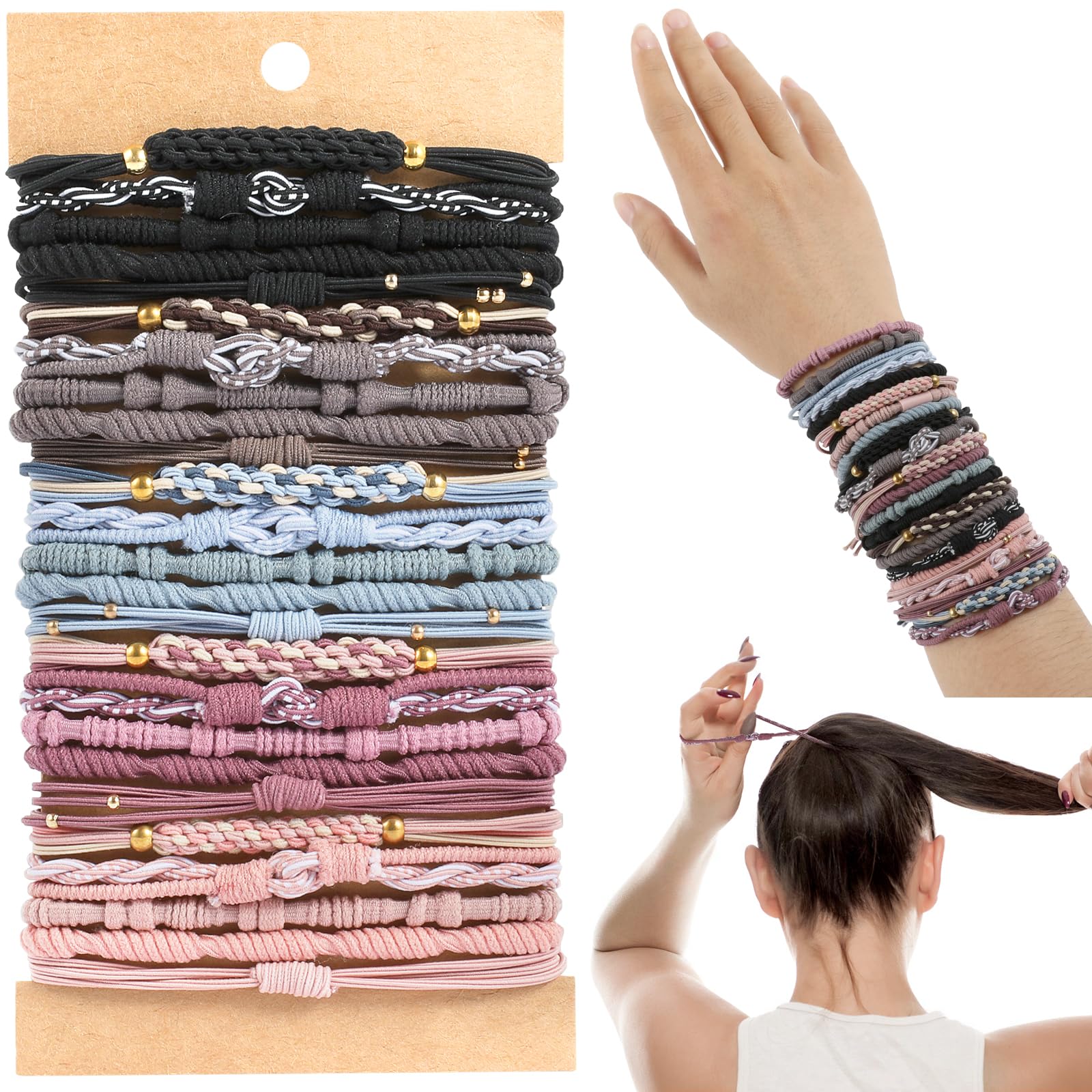 Boho Hair Tie Bracelet Set - 5 Pack Elastic Accessories for Women 20 Pcs Boho Hair Ties for Women, 5 Styles Cute Hair Tie  main image 3