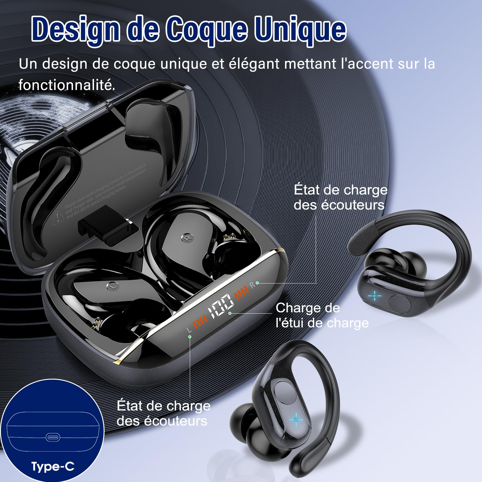 Qecnato Ecouteurs Bluetooth sans Fil, Ecouteurs Bluetooth 5.4 Stéréo avec ENC Réduction de Bruit Mic, 75H de Lecture Oreillette, IP7 Étanches Casque sans Fil pour Sport et Running, Noir
