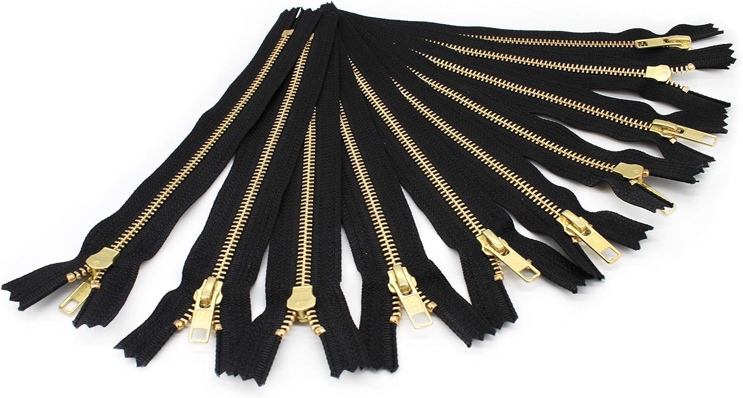 YKK Zippers Black Antique Gold No. 5 Metal Zips 14 inch Set of 12
