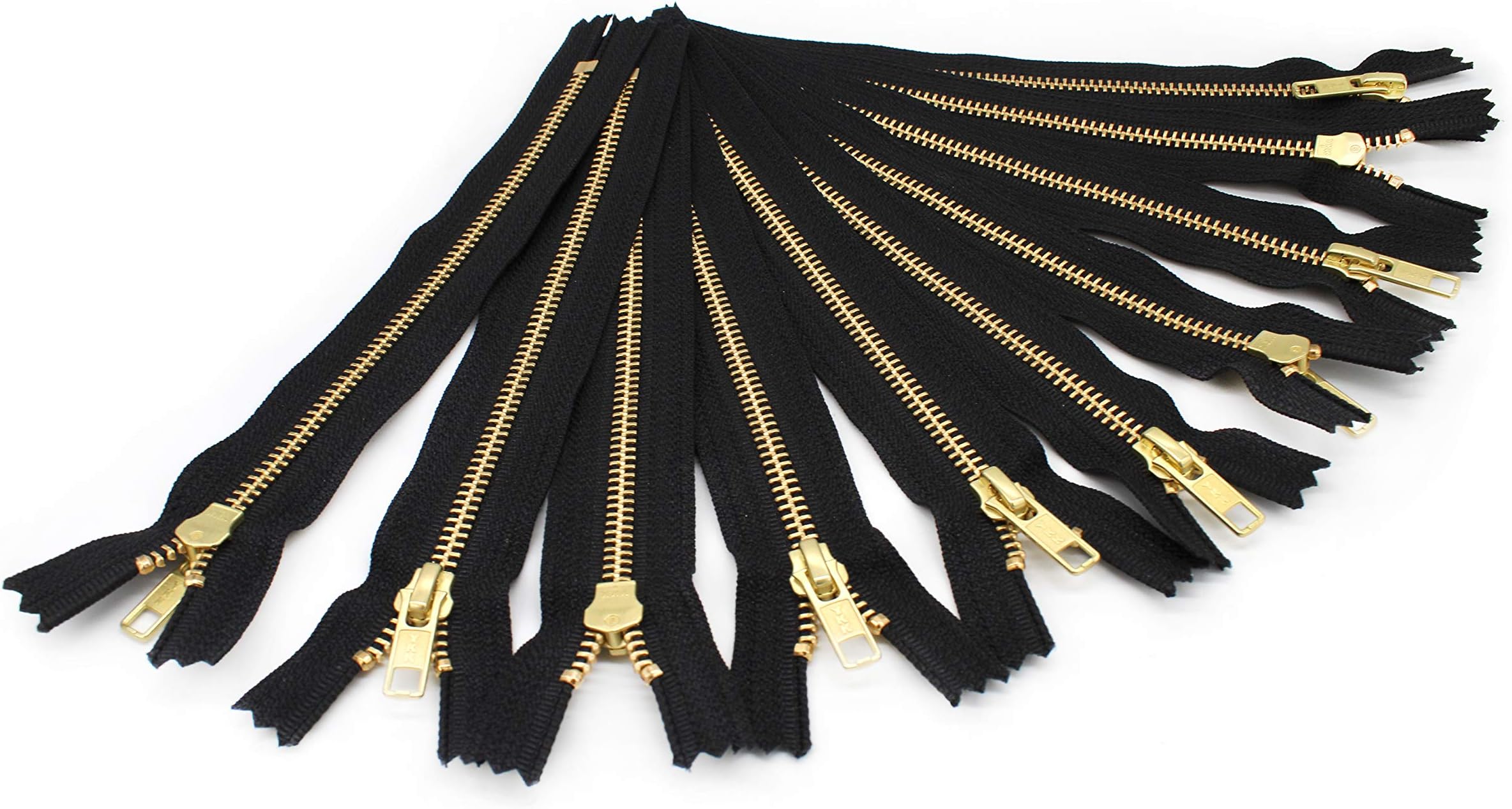 Golden Brass YKK Zippers No. 5 Metal 10 inch Zips in Black Pack of 12