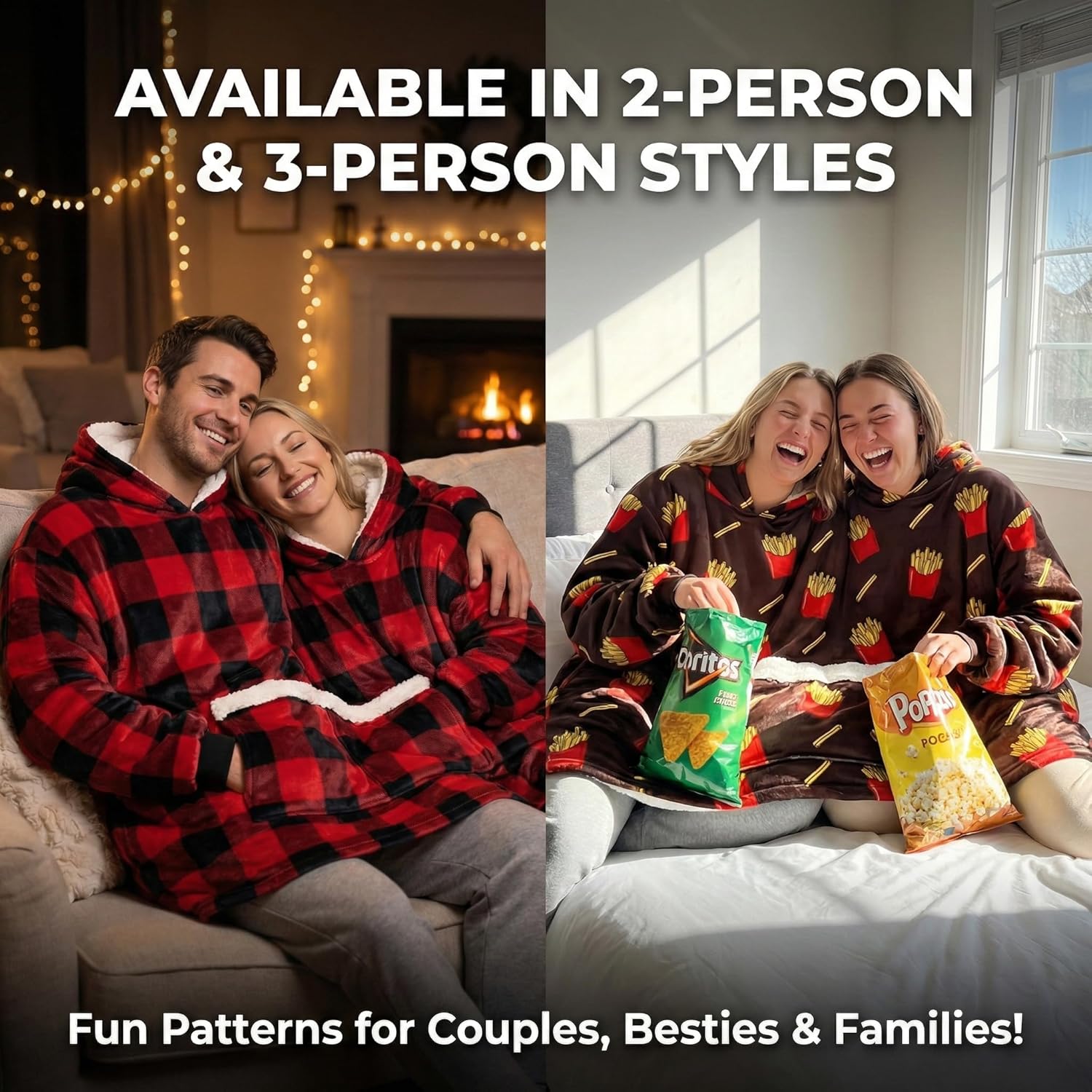 2-in-1 & 3-in-1 Giant Wearable Blanket Hoodie, Oversized Sherpa Fleece Sweatshirt for Couples & Best Friends Gift