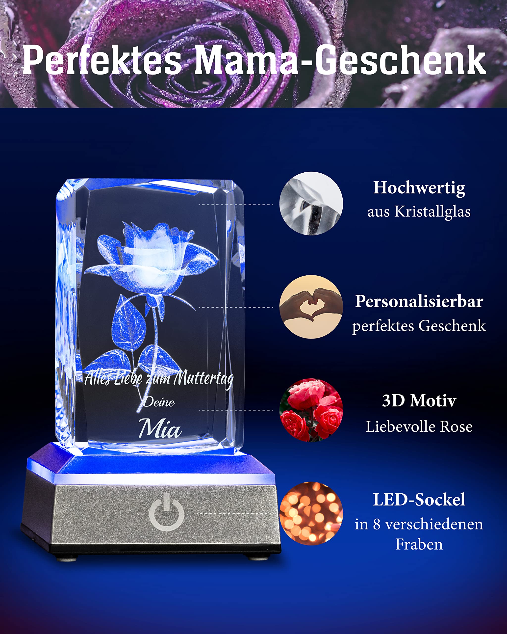 SMYLA 3D LED-Glas Mit Gravur „ZEIT MIT DIR“ – Personalisierte Kristalllampe Mit Rose | Geschenk Für Mama Zu Muttertag & Geburtstag