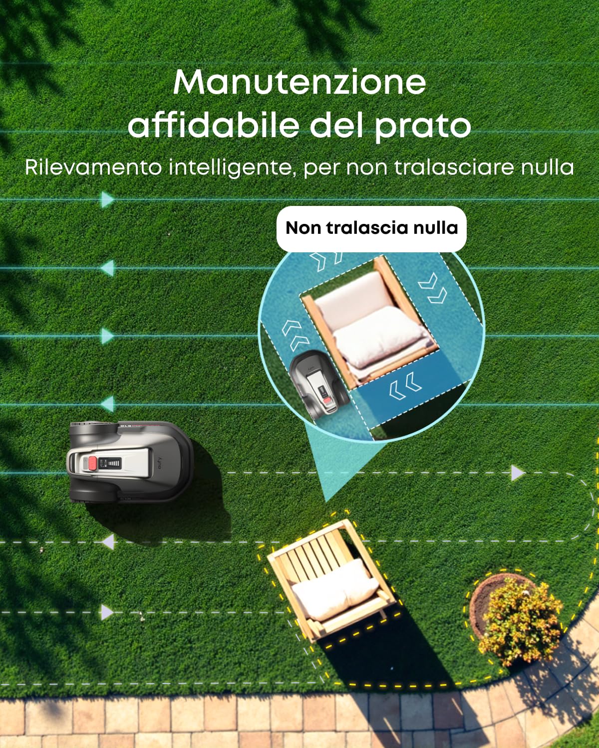 eufy Robot tosaerba E18, Senza cavo limitatore, Nessuna interruzione del segnale,Senza RTK, TrueVision, Sistema GNSS, Giardino fino a 1200 m², Taglio Preciso Bordi, Evita Ostacoli, Controllo App