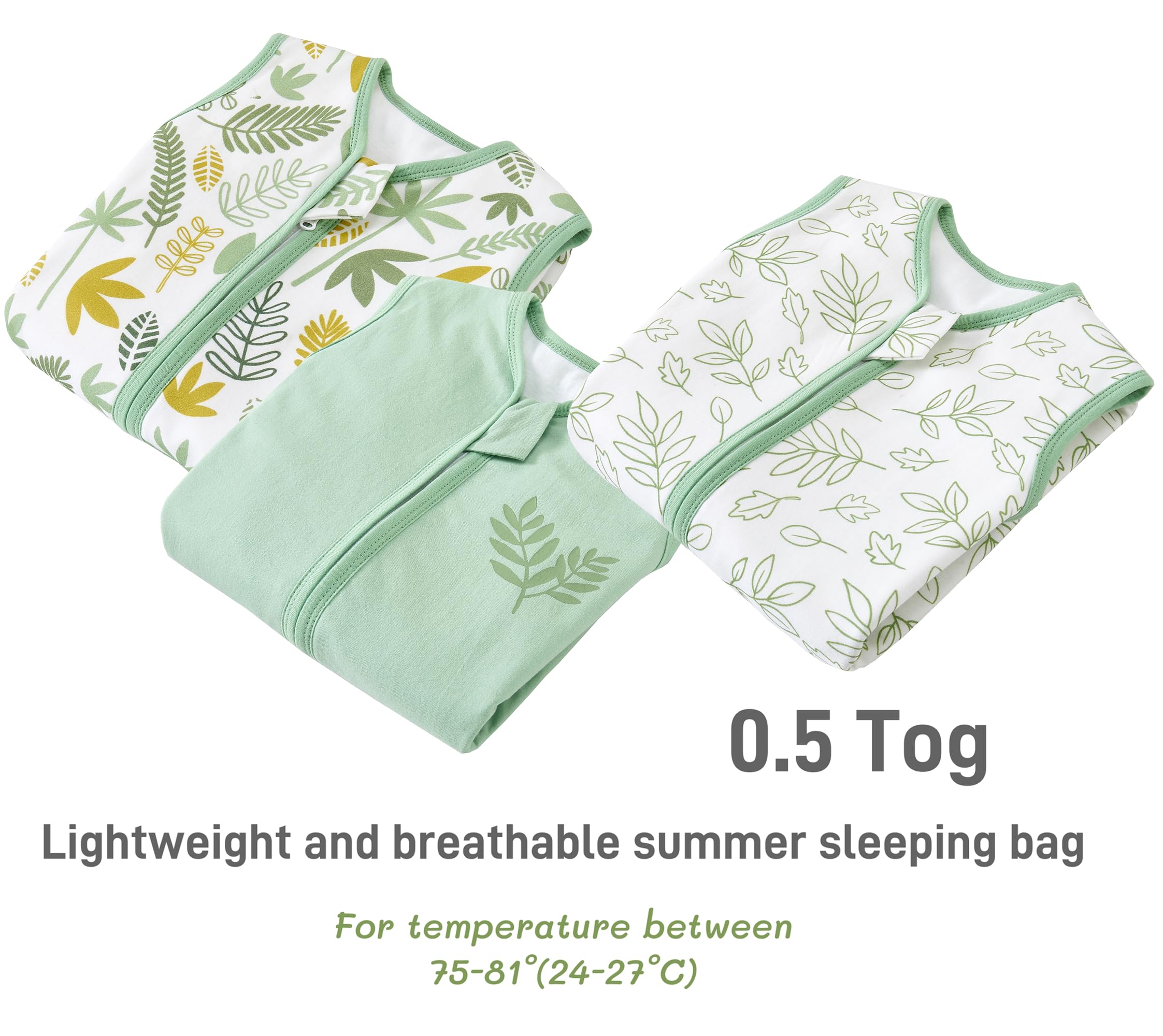 Chilsuessy 3er Pack Baby Schlafsack Sommer mit Füßen 0.5 Tog 100% Baumwolle Kinder Sommerschlafsack mit Beinen für Jungen Mädchen, 0.5 Tog/Grün Pflanzen, 80cm/Baby Höhe 90-100cm
