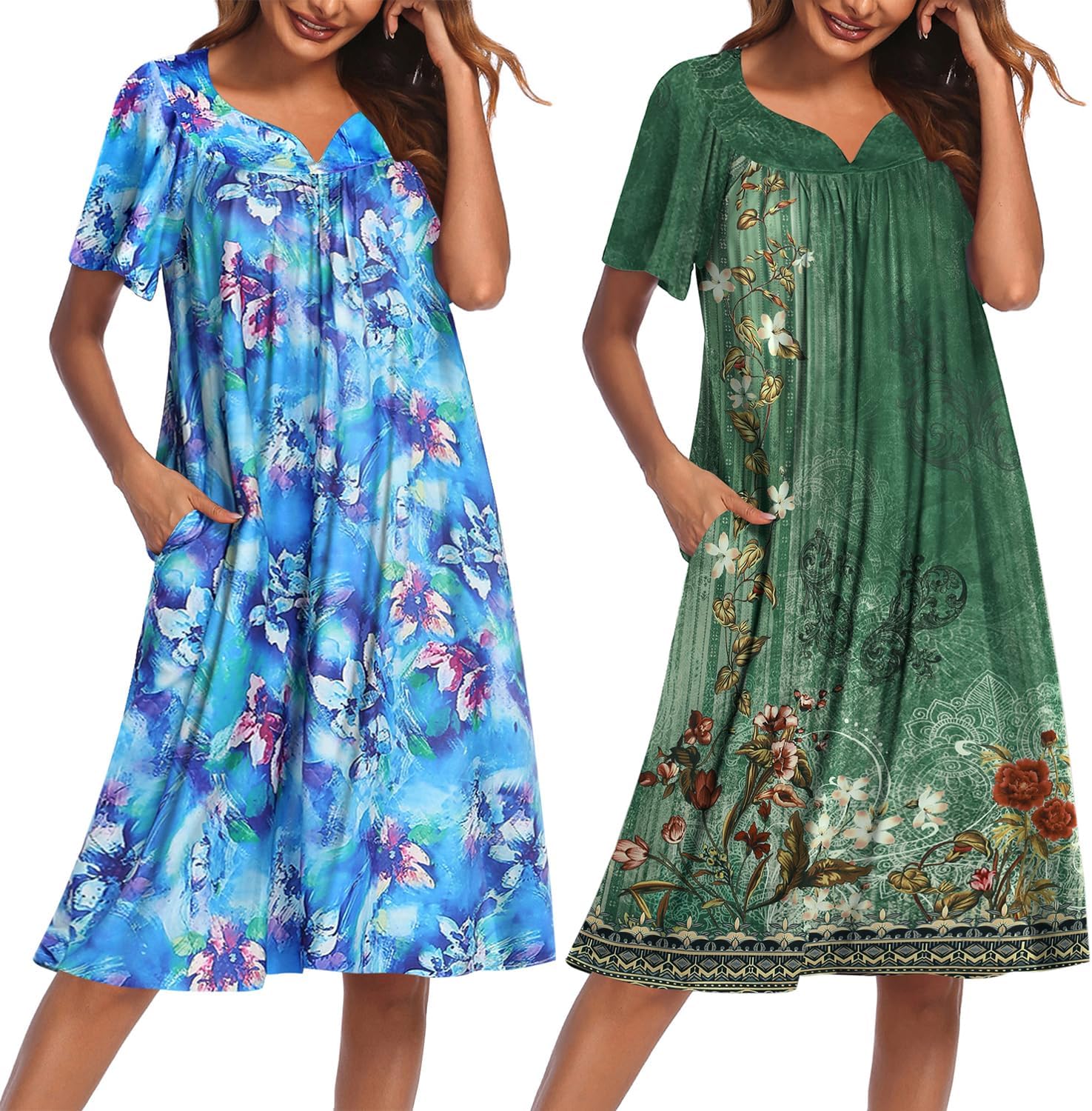 Ekouaer 2 Pack House Dresses for Women with Pockets Short Sleeve Moo Moos Floral Print Mumu Dresses