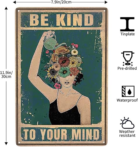 Miniatura 3 de Letrero de metal con texto en inglés Be Kind con texto en inglés To Your Mind Floral Woman, letrero retro de aluminio para amantes de las plantas,