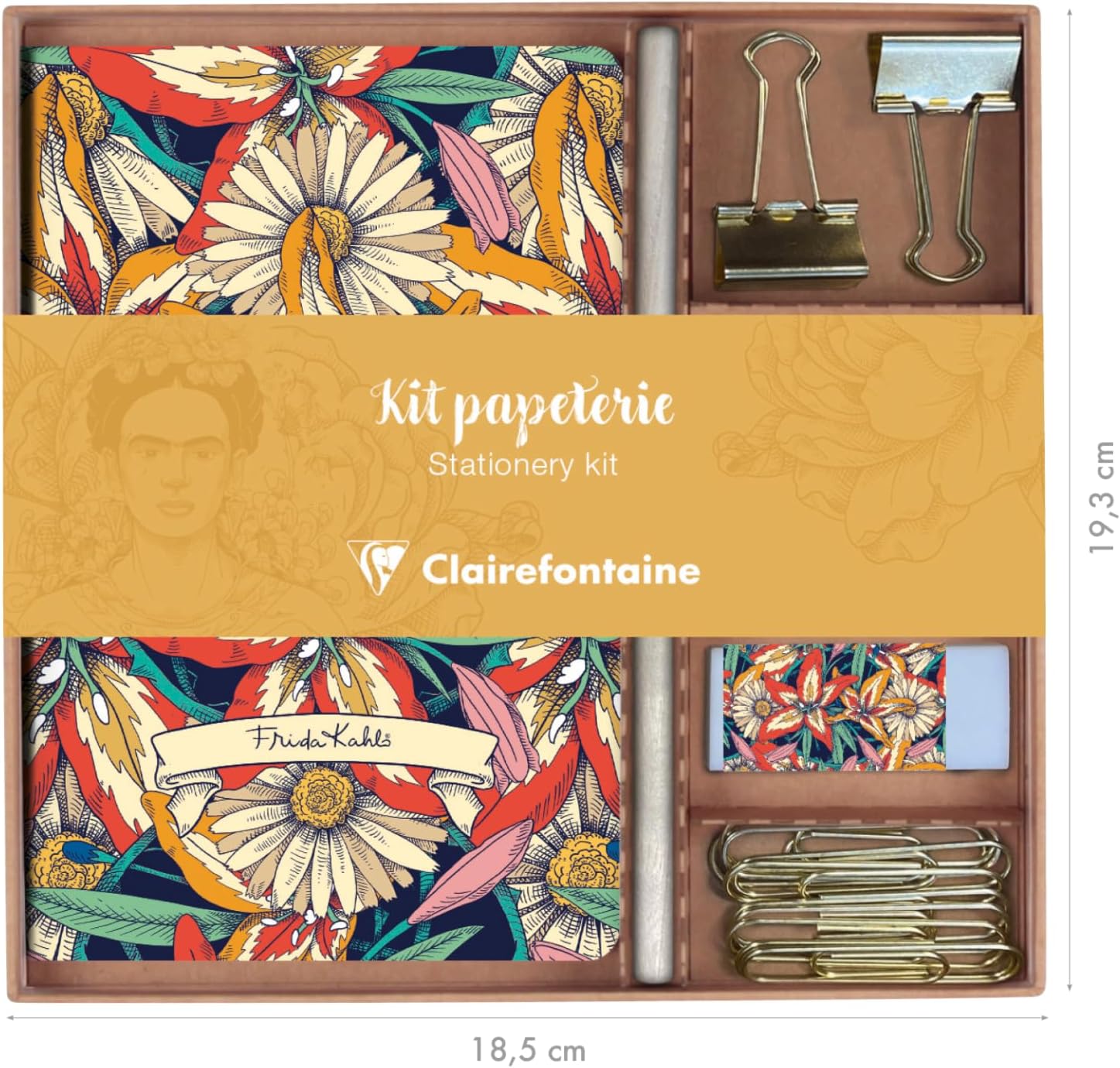 Clairefontaine 116231C - Un Kit de Papeterie contenant un Carnet 11x17 cm 64 Pages Lignées, un Crayon de Papier, 2 Pinces Doubles-Clip, 10 Trombones et une Gomme - Collection Frida Kahlo