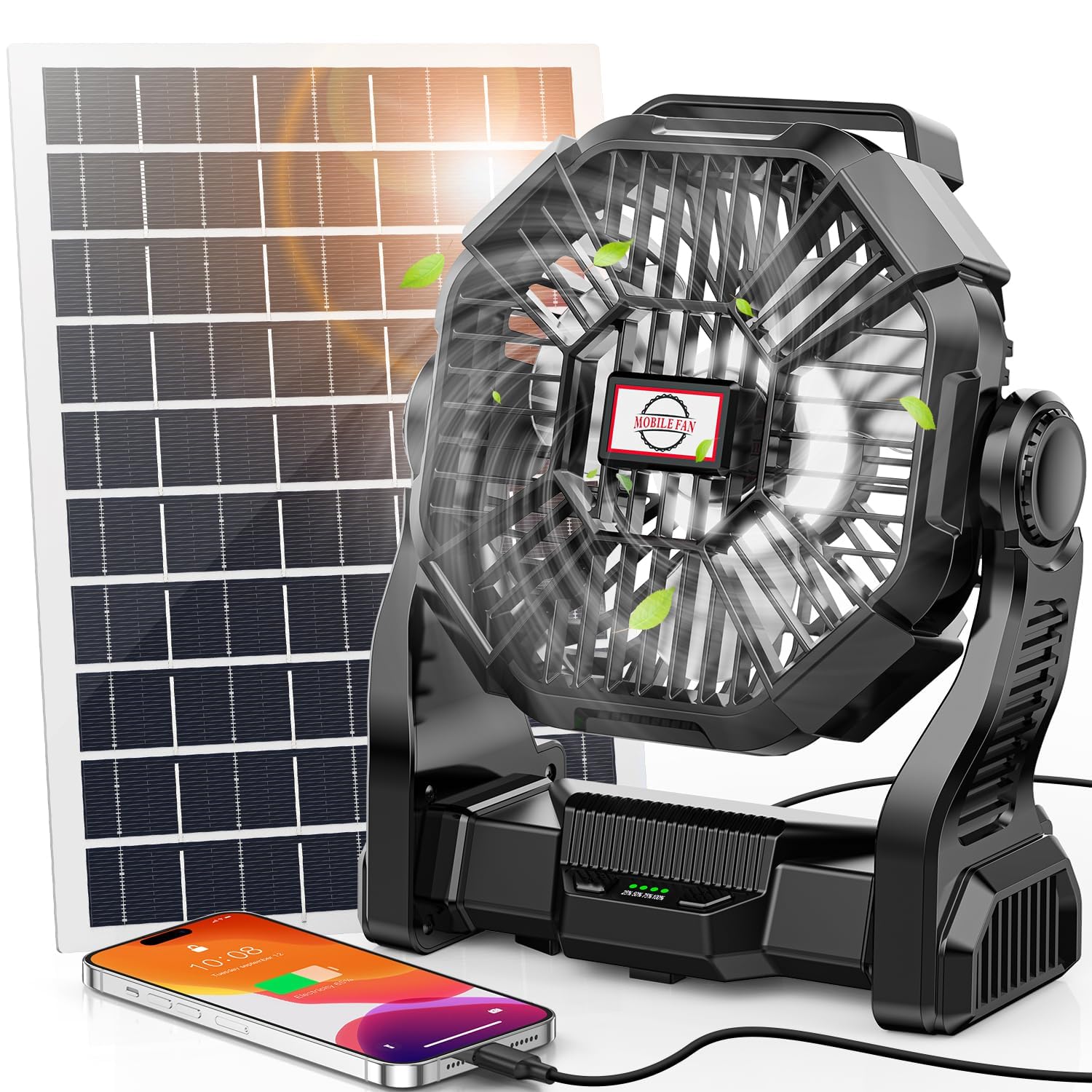 Photo 1 of 30000mAh Solar Fan with LED Lantern, 10W Solar Panel Rechargeable Battery Powered Camping Fan for Outside, 9 Inch Portable Battery Operated Hurricane Supplies for Picnic, Barbecue, Fishing, Travel